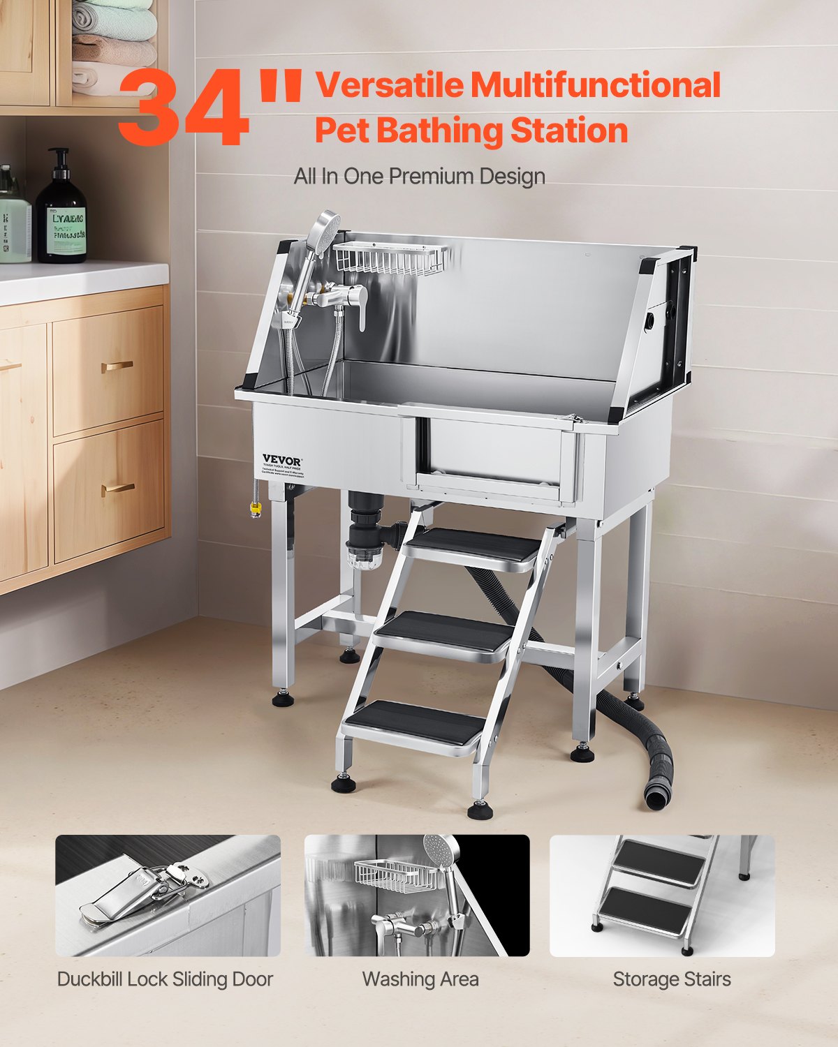 34" Dog Washing Station, Stainless Steel Pet Grooming Tub Bathtub, Professional Dog Wash Sink With Shower, Faucet, Soap Holder, Non-Slip Stairs Easy-Clean Design For Small Pets Cats (Right Door)