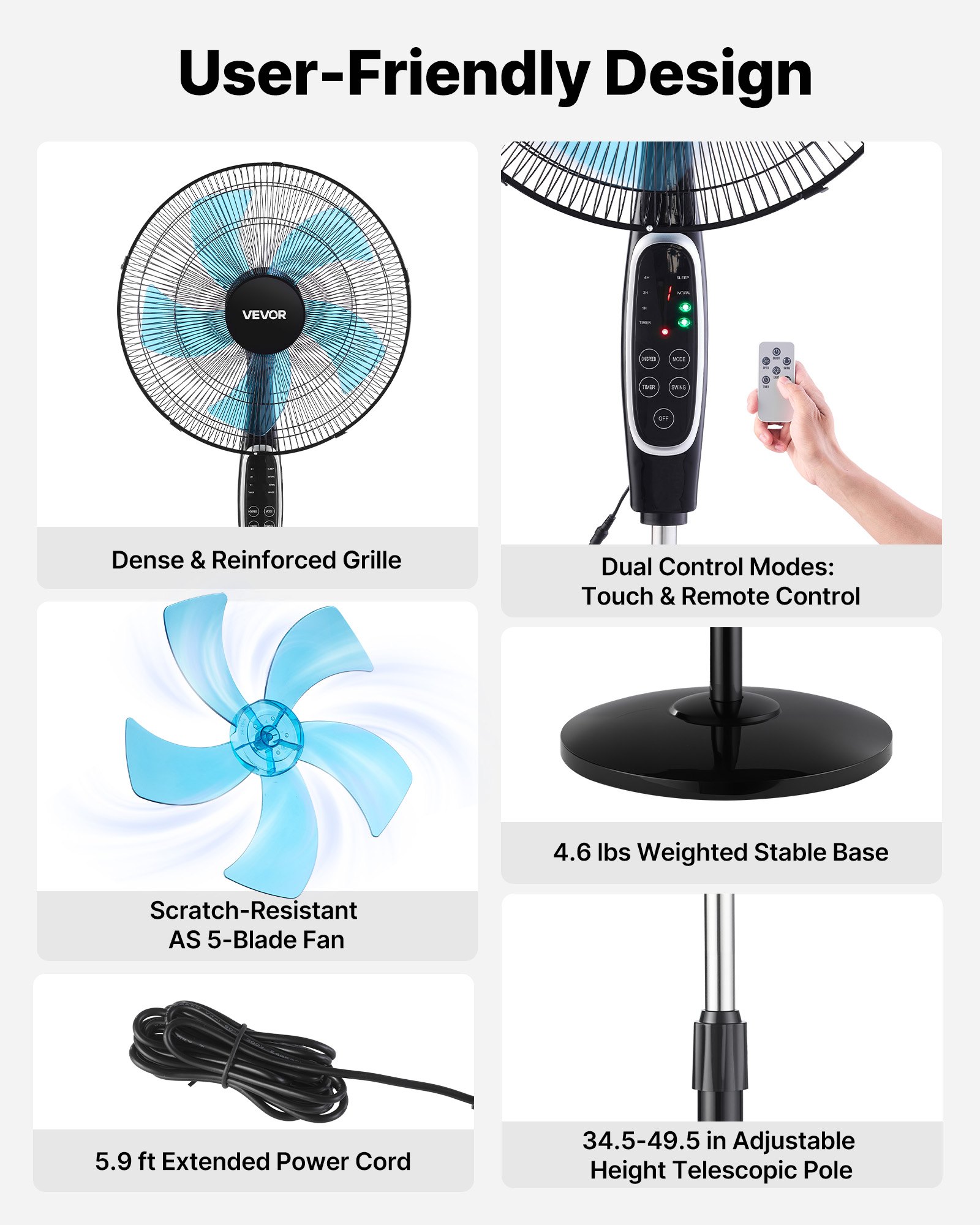 18-Inch Pedestal Fan, 2700 CFM Standing Floor Fan With Remote Control, 9 Speeds & 3 Modes, Oscillating Adjustable Height, Quiet DC Motor 5-Blade For Home, Bedroom, Garage, Workshop, Black