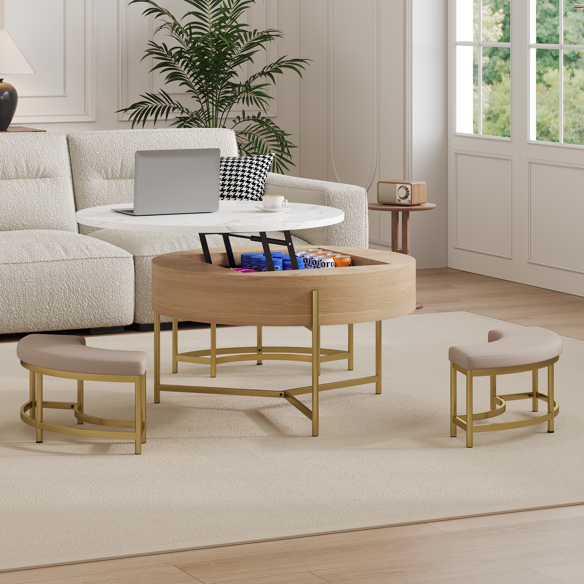Round Lift-Top Coffee Table with Ottomans, picture 3 of 4