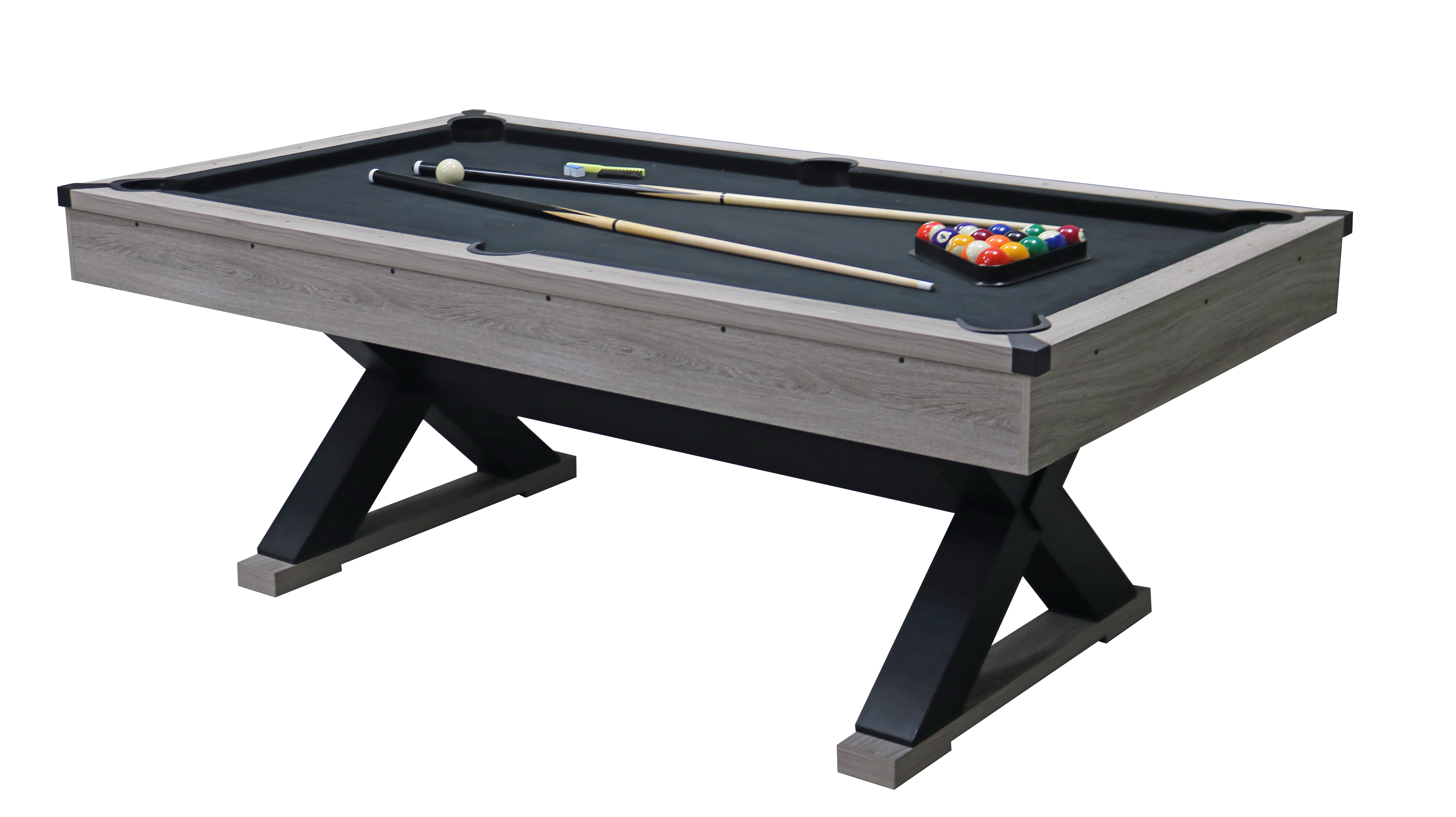 84  Pool Table With Billiard Balls, Cues, Pool Cue Chalk, Cleaning Brush, X-Legs, Black Cloth, Rustic Grey,84.1 L X 46.5 W X 32 H