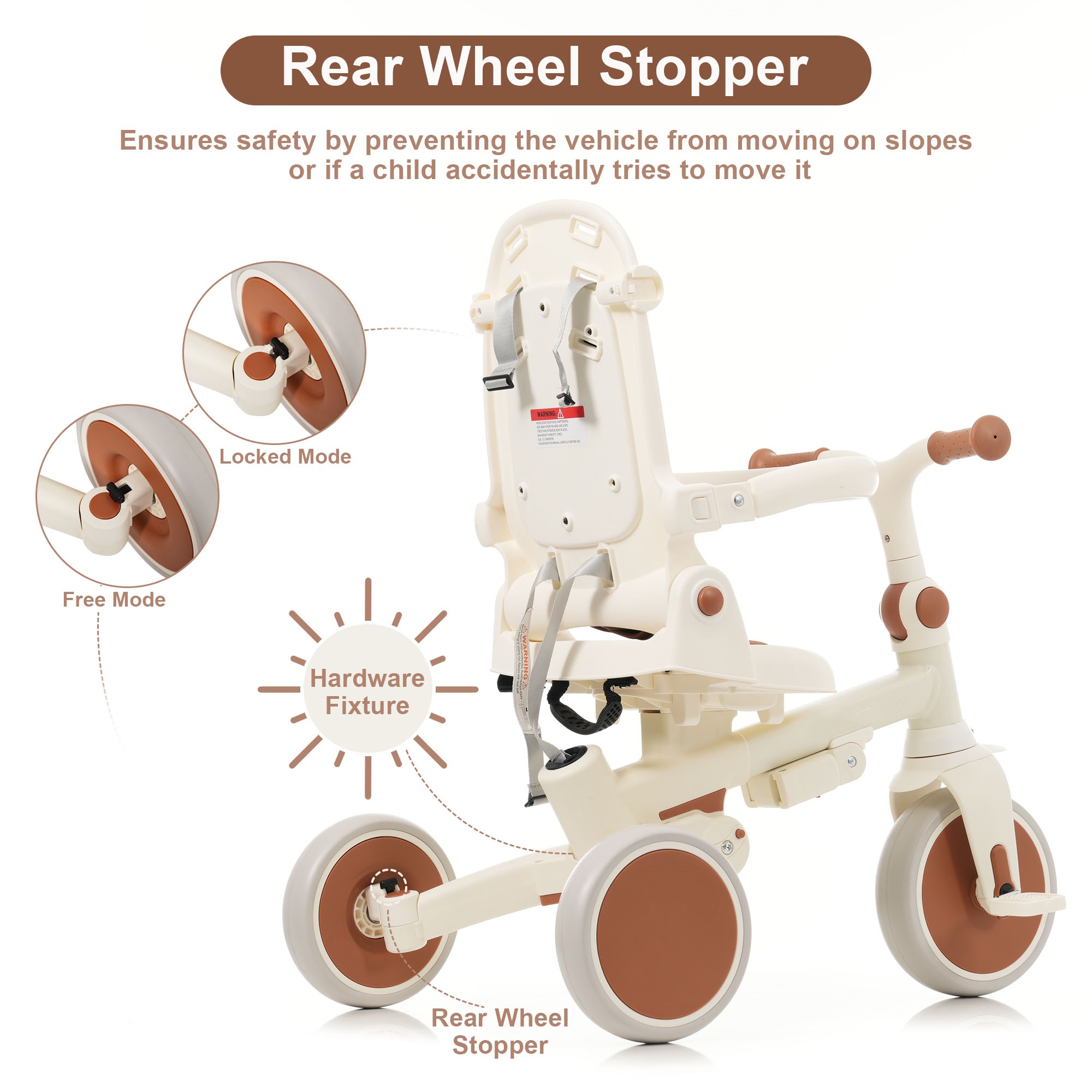 7 In 1 Baby Tricycle, Foldable Toddler Tricycle With Removable And Adjustable Parent Handle, Toddler Push Bike With Removable Pedal, Canopy, And Guardrail, Tricycle For 12-72 Months, Ivory And Brown