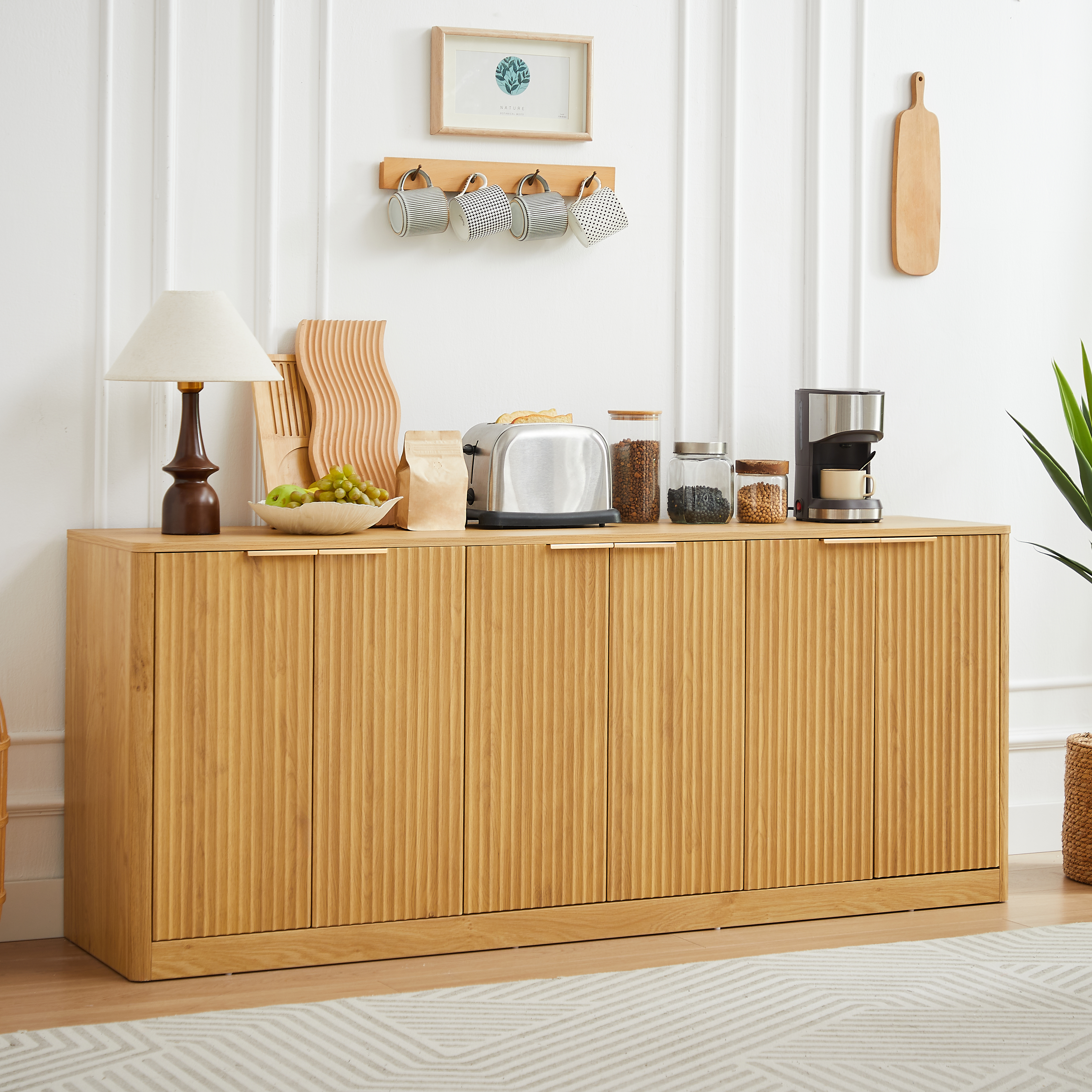 67-inch Modern Wavy Sideboard, Curved Contour Design Storage Cabinet, 6-door Cabinet With Storage Function, Suitable For Kitchen   Bedroom   Living Room, Natural, 67.0 L X 15.7 W X 27.7 H