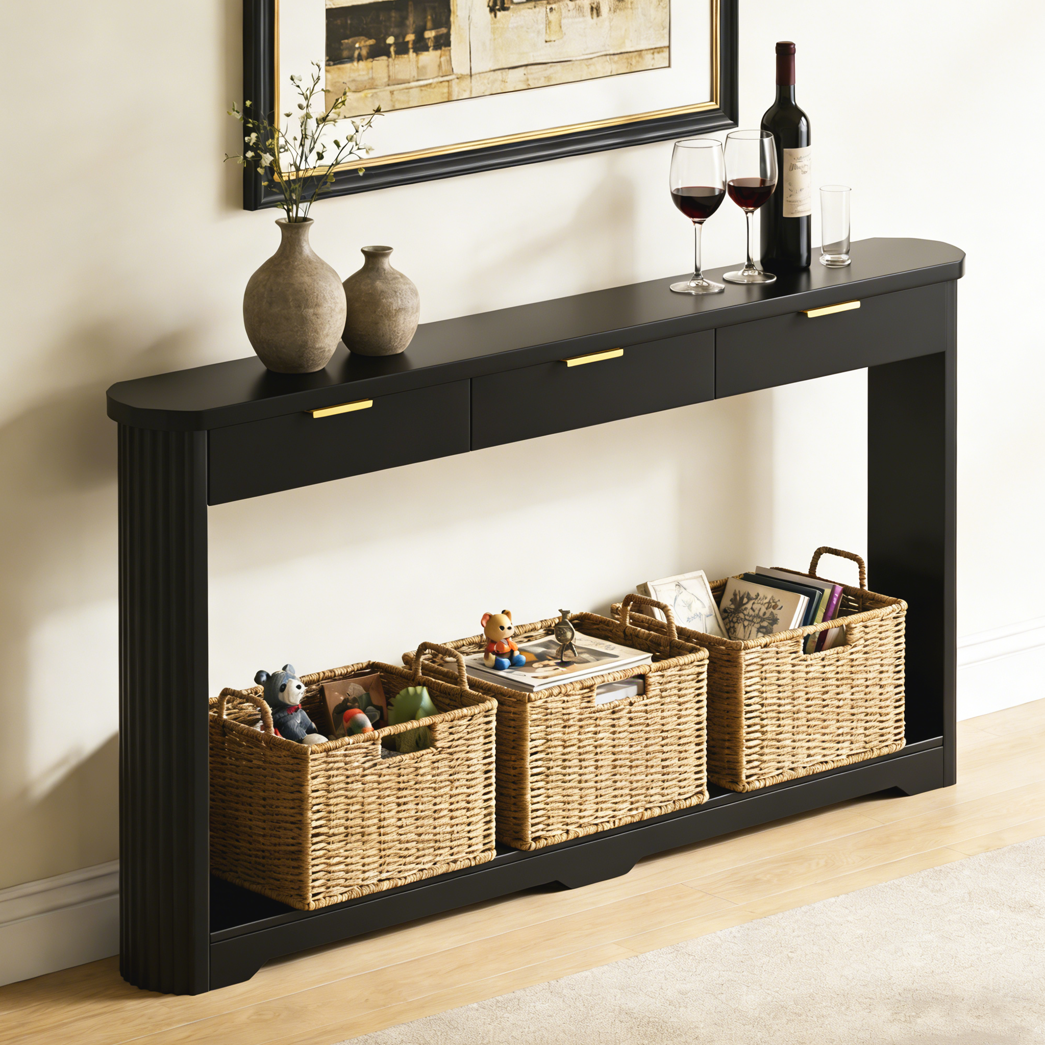 70.1  Wavy-Patterned Storage Table With Drawers, A Slim Wooden Side Table That Can Be Placed Behind A Sofa, Ideal For Entryways, Hallways, And Doorways.Black.70.1 Lx8.7 Wx35.5 H - Image 1