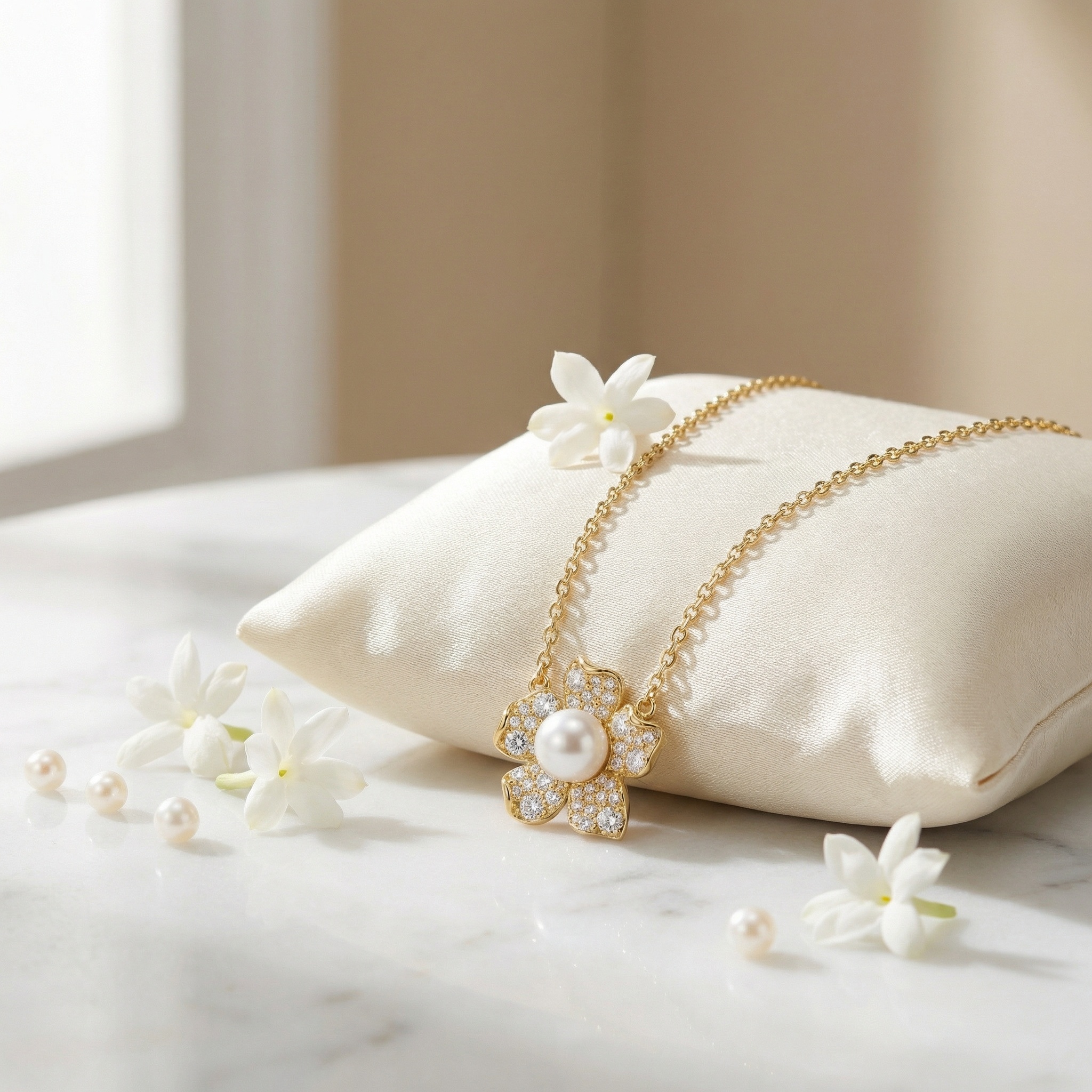 925 Sterling Silver Elegant Pearl and Diamond Blossom Pendant Necklace in Warm Metallic Finish