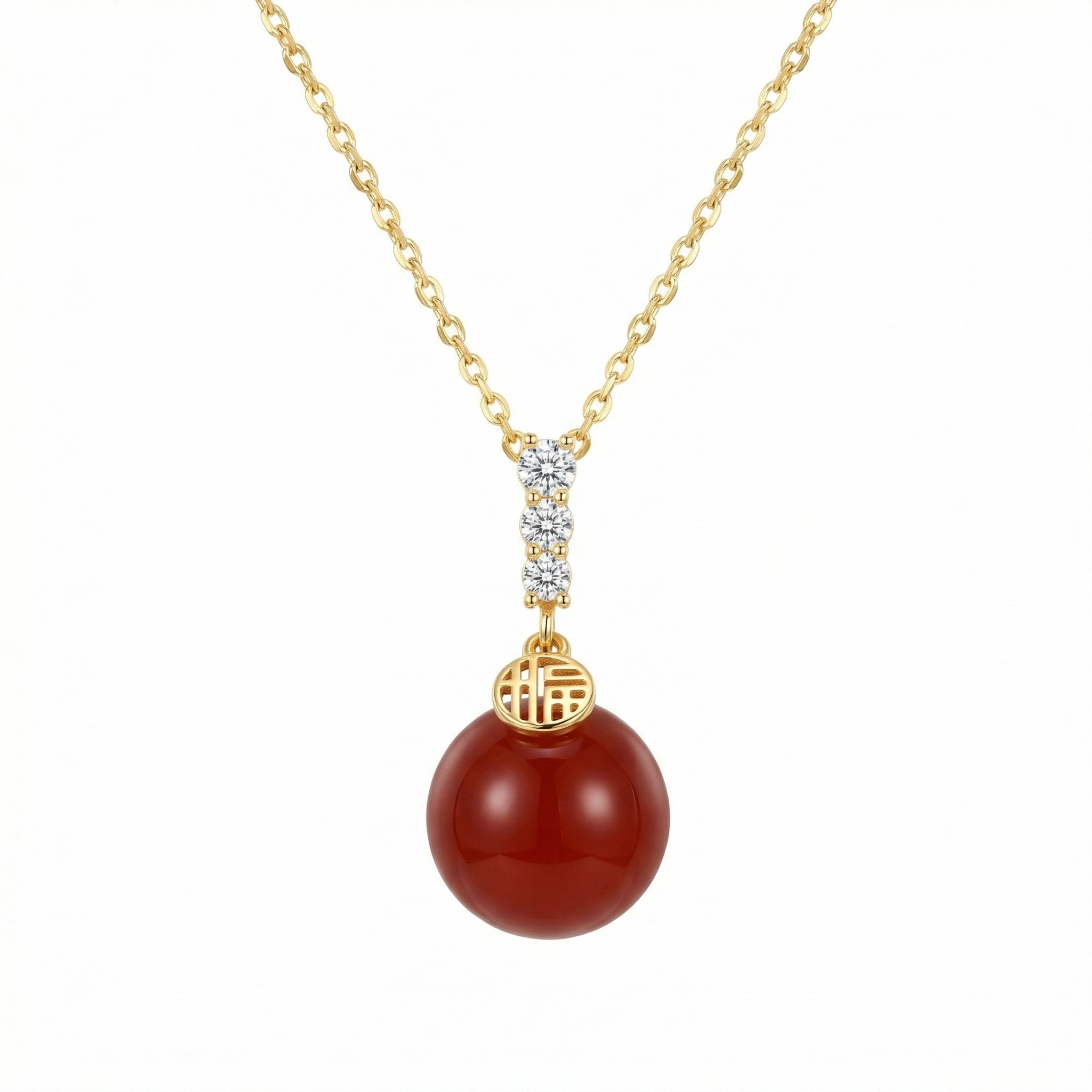 925 Sterling Silver Radiant Red Agate Necklace with Fu Blessing Charm and Sparkling Accents