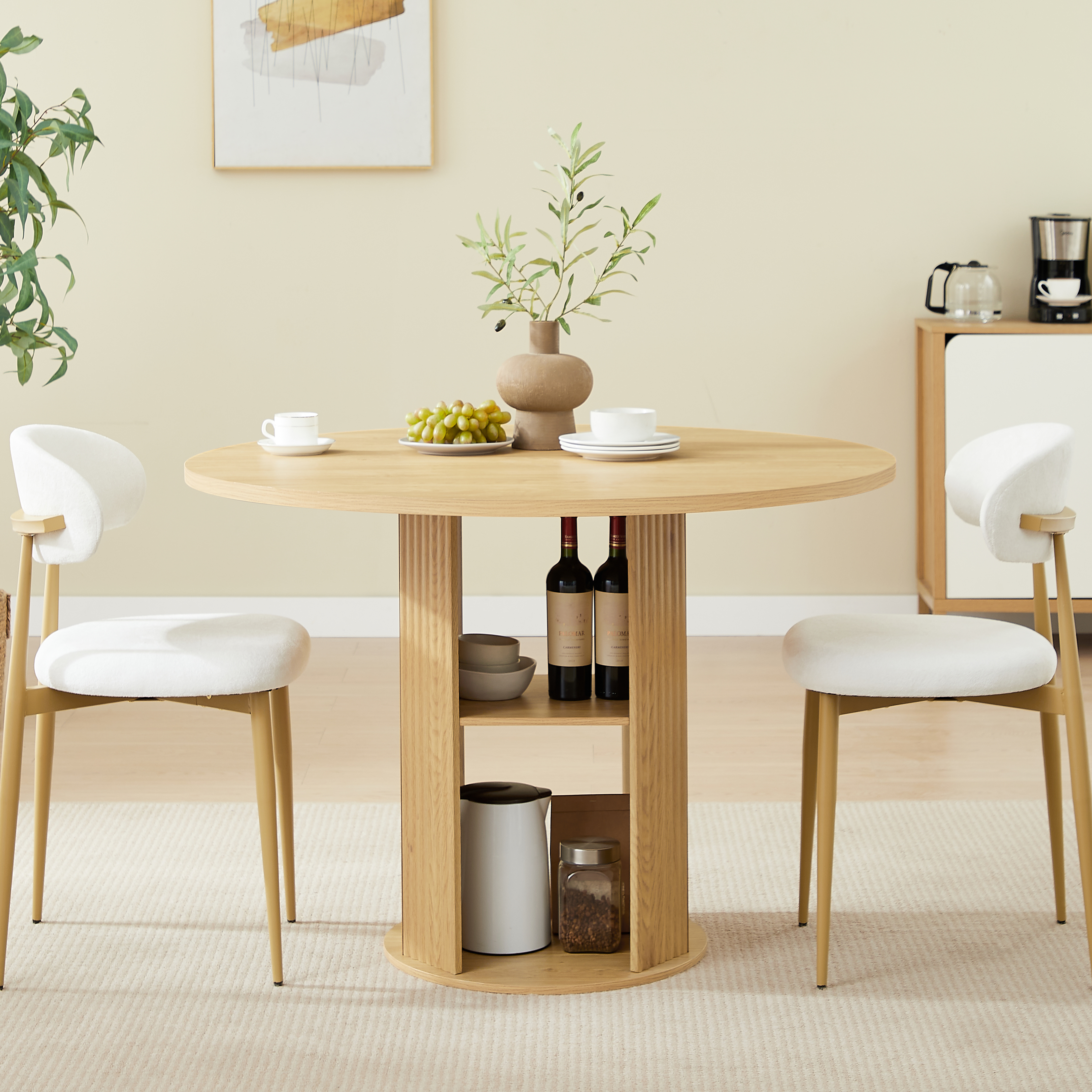 47.24  Round Dining Table  Serves 2-4  With Two Dining Chairs Blends Modern And Farmhouse Styles, Featuring A Double-tiered Storage Shelf, Suitable For Dining Rooms Or Living Spaces.Natural
