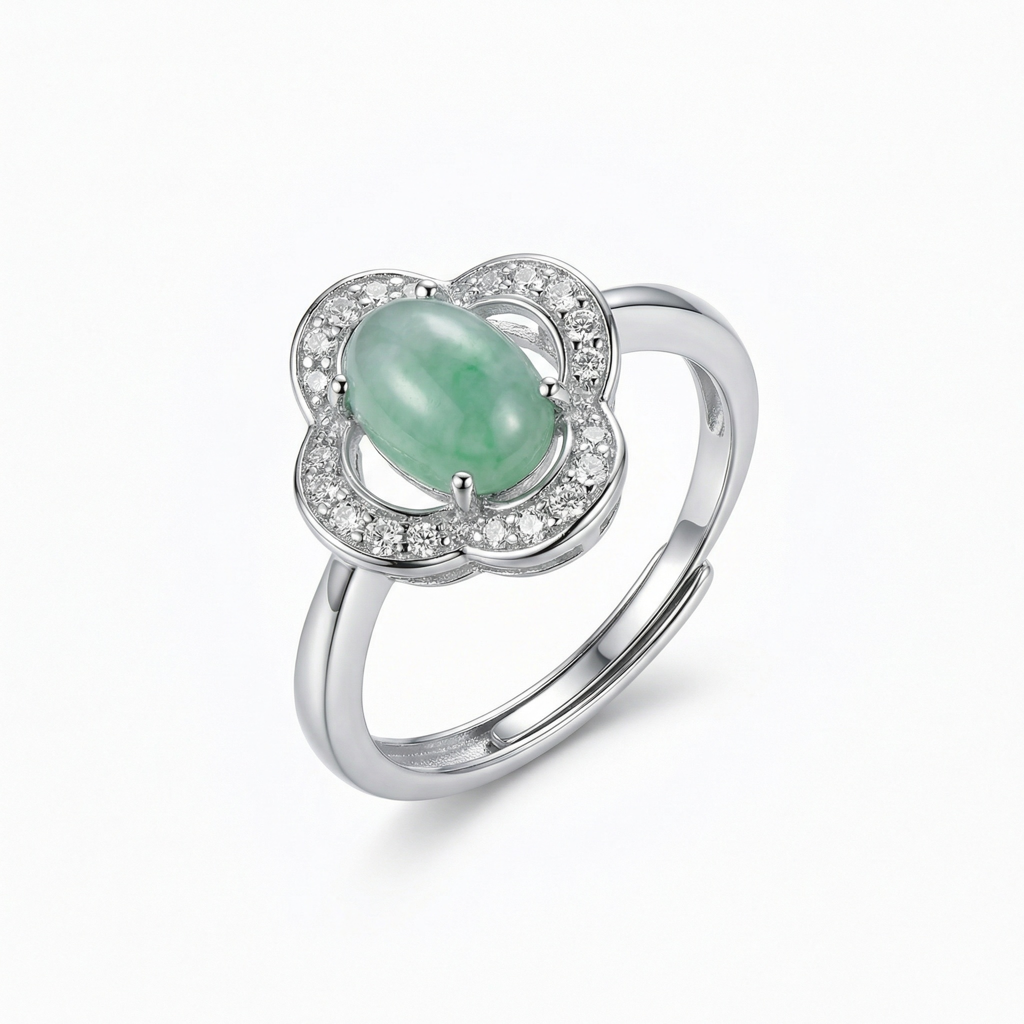 925 Sterling Silver Elegant Floral Green Jade Cabochon Adjustable Silver Ring with Sparkling Accents