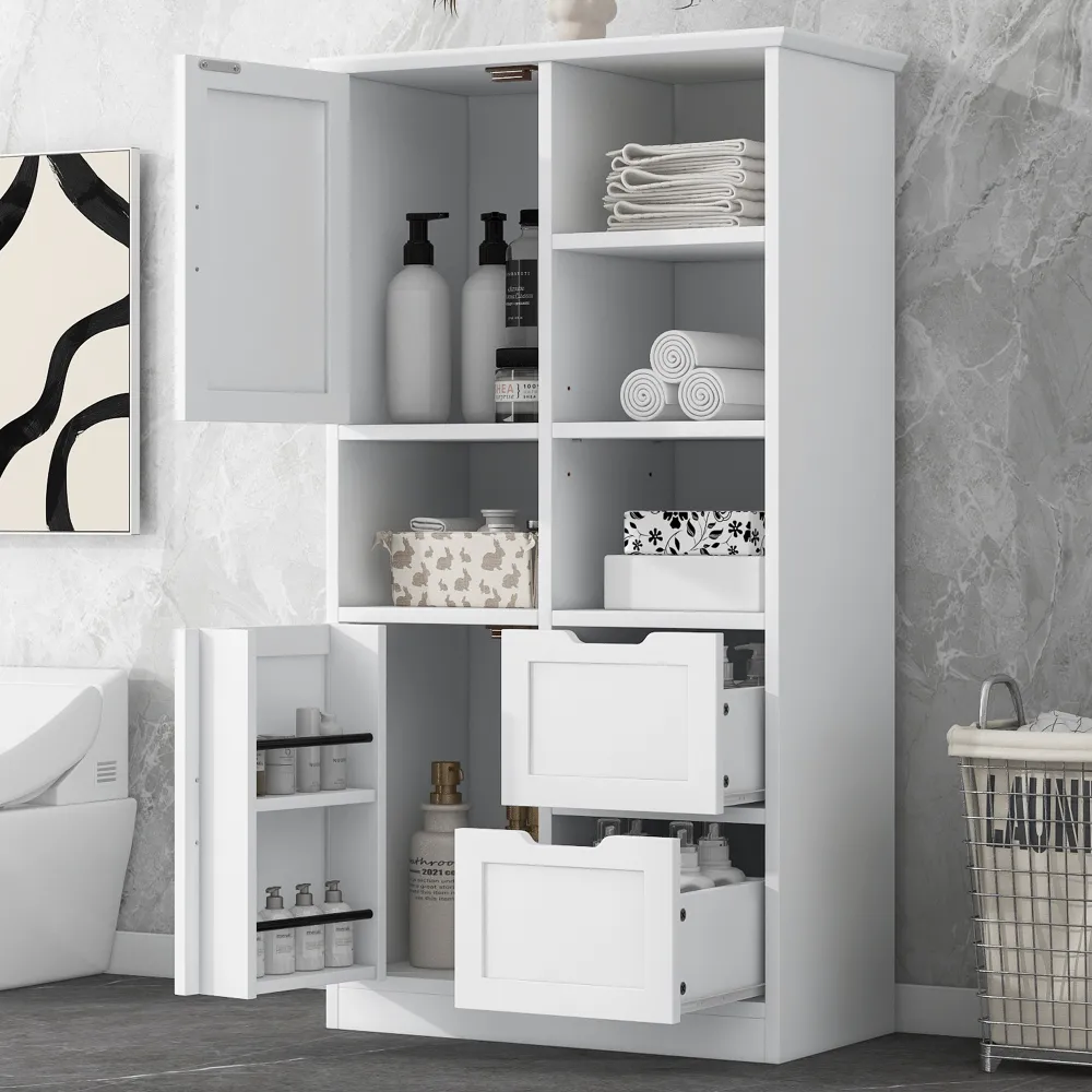 Bathroom Storage Cabinet With Doors And Drawers, Multiple Storage Space, Freestanding Style, Open Shelve, Adjustable Shelf, White