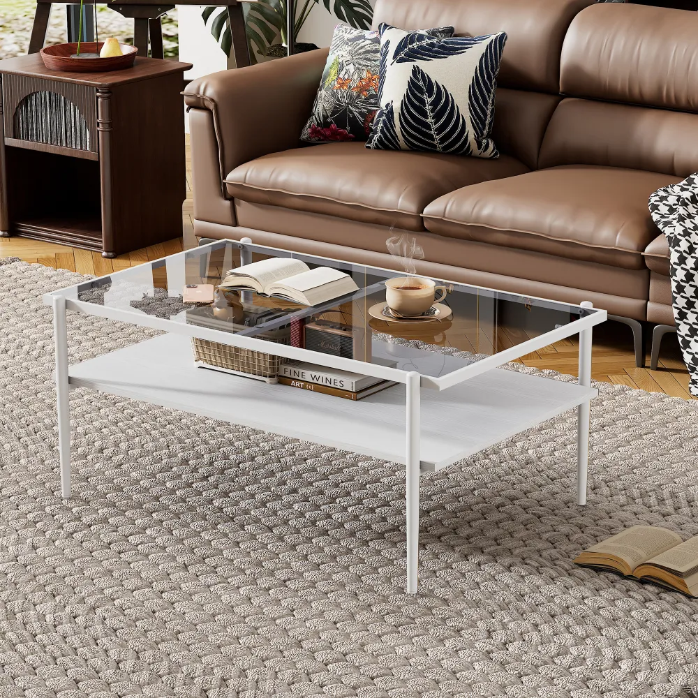 Rectangle Coffee Table With Gray Tempered Glass Top And White Legs, Modern Table For Living Room