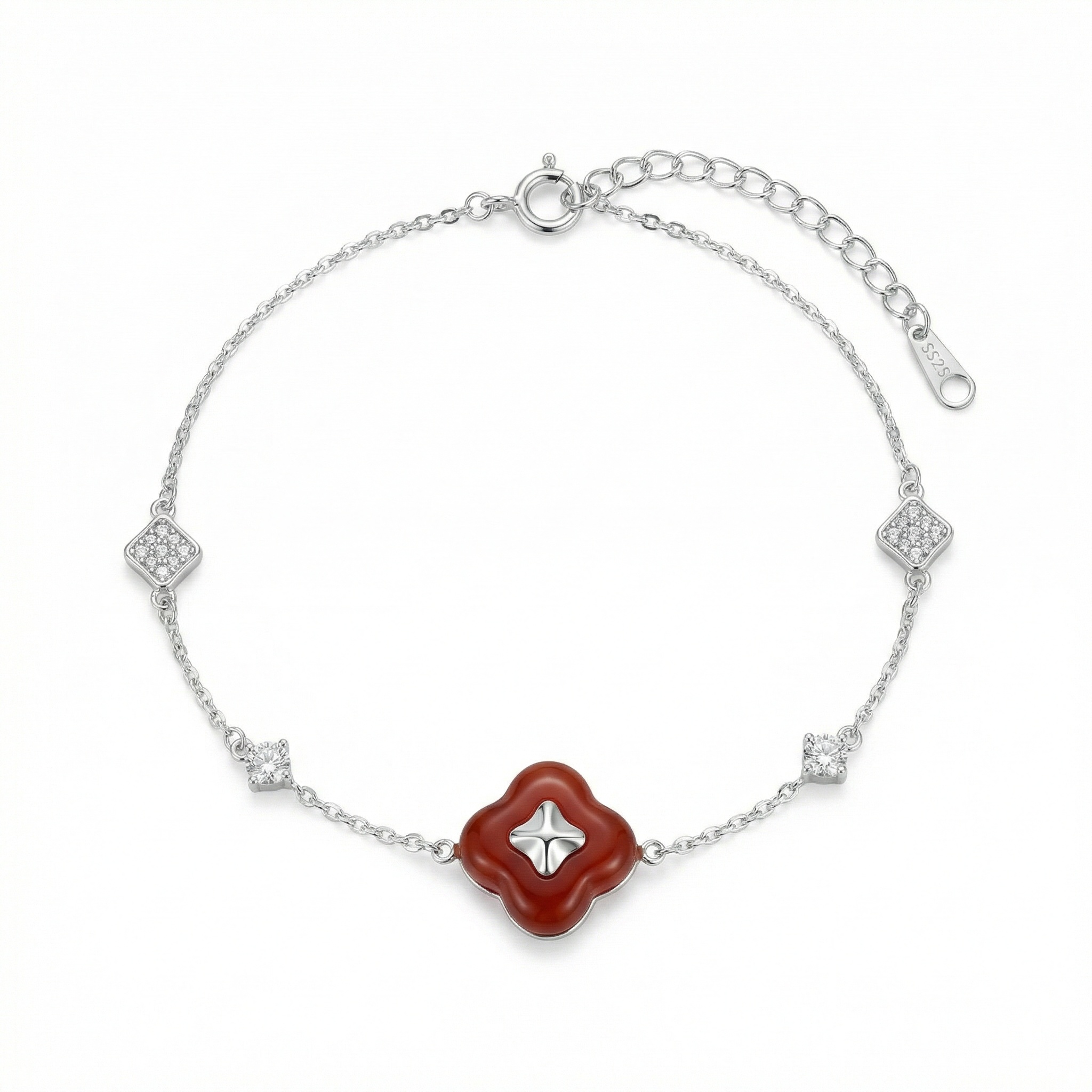 925 Sterling Silver Elegant Sterling Silver Clover Bracelet with Red Agate and Shimmering Zirconia Accents