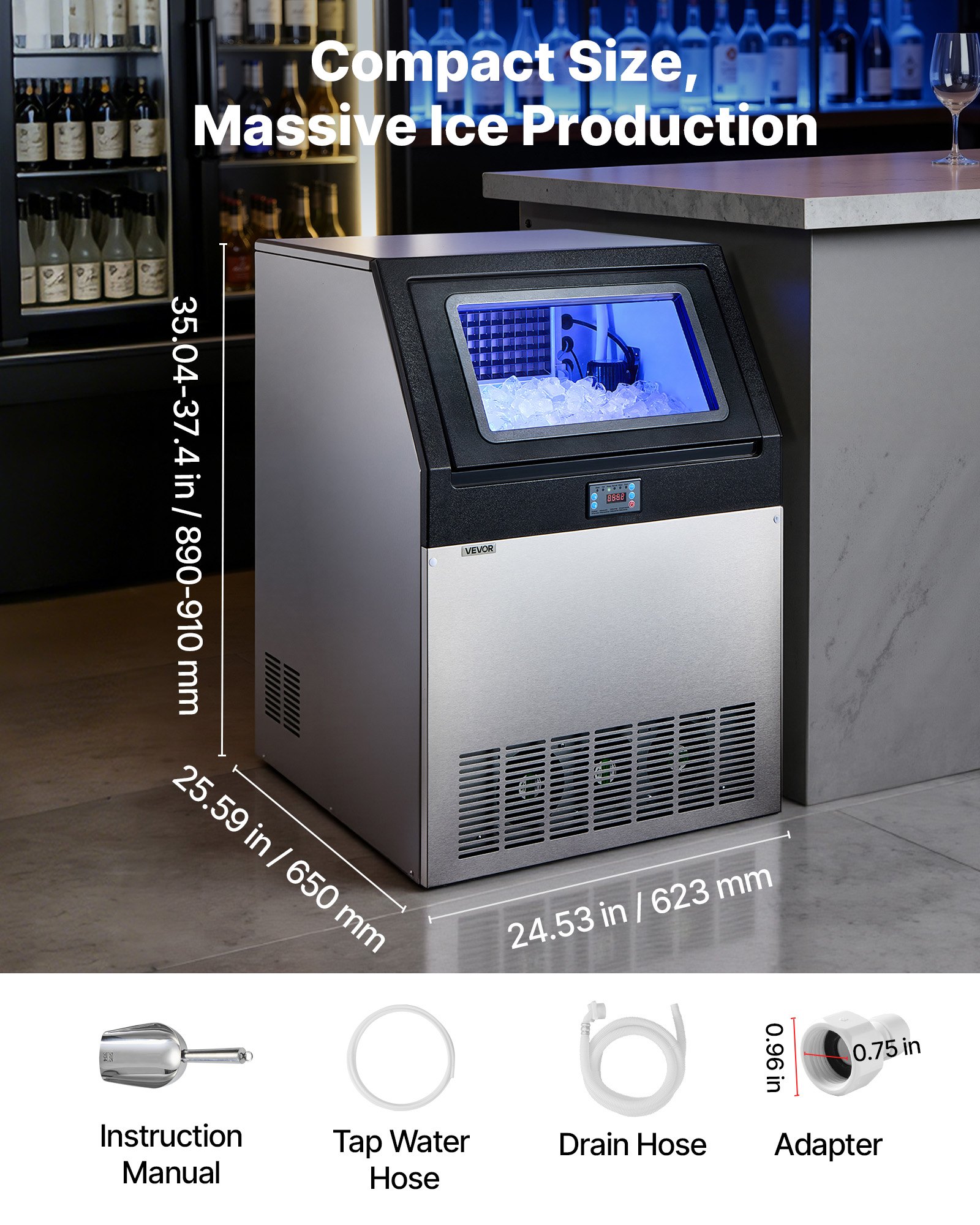 Commercial Ice Maker Machine, 300 Lbs/24h With 85 Lbs Storage Capacity, Built-in/Freestanding/Under Counter, Stainless Steel Ice Maker With LED Display & Self-Cleaning, For Home Bar Restaurant