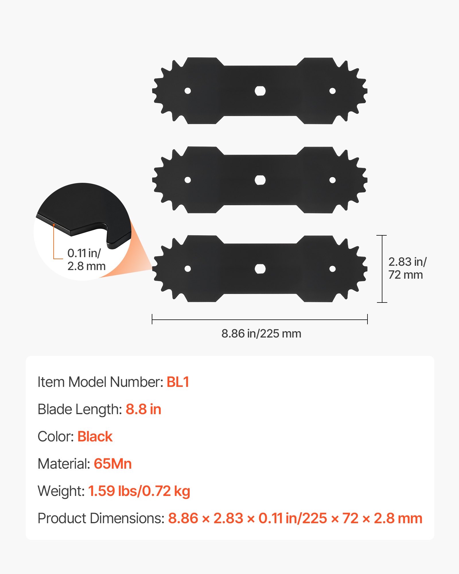 Electric Edger Blades, 8.8-inch Length, 3-Pack Replacement Blades, 65Mn High-Carbon Steel With Electrophoretic Coating, Multi-Serrated Sharp Edge, Compatible With The ASYTM01230 Edger