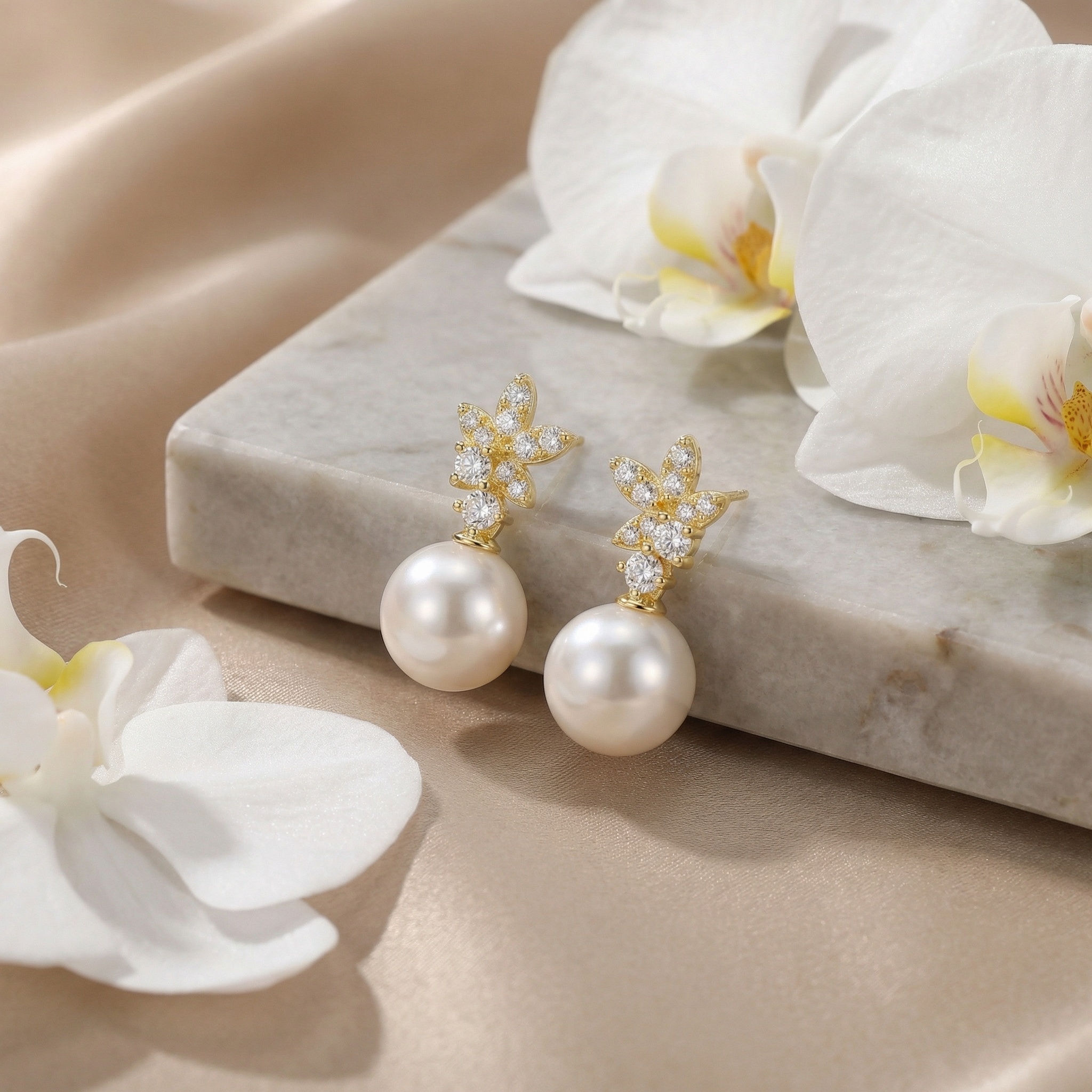 Sterling Silver Floral Pearl Drop Earrings, picture 3 of 3