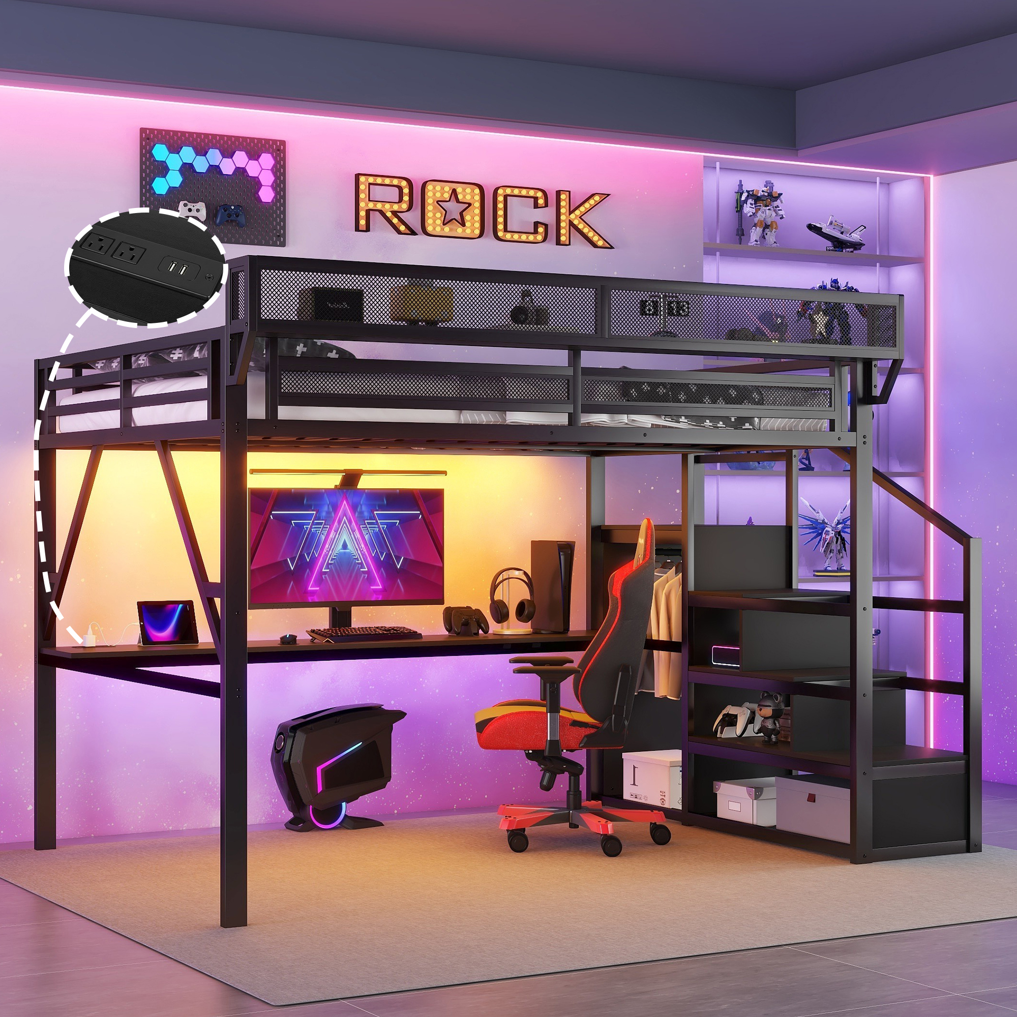 Queen Loft Bed With Desk And Charging Station, Queen Size Metal Loft Bed With Stairs And Light For Kids Teens, Black - Image 1