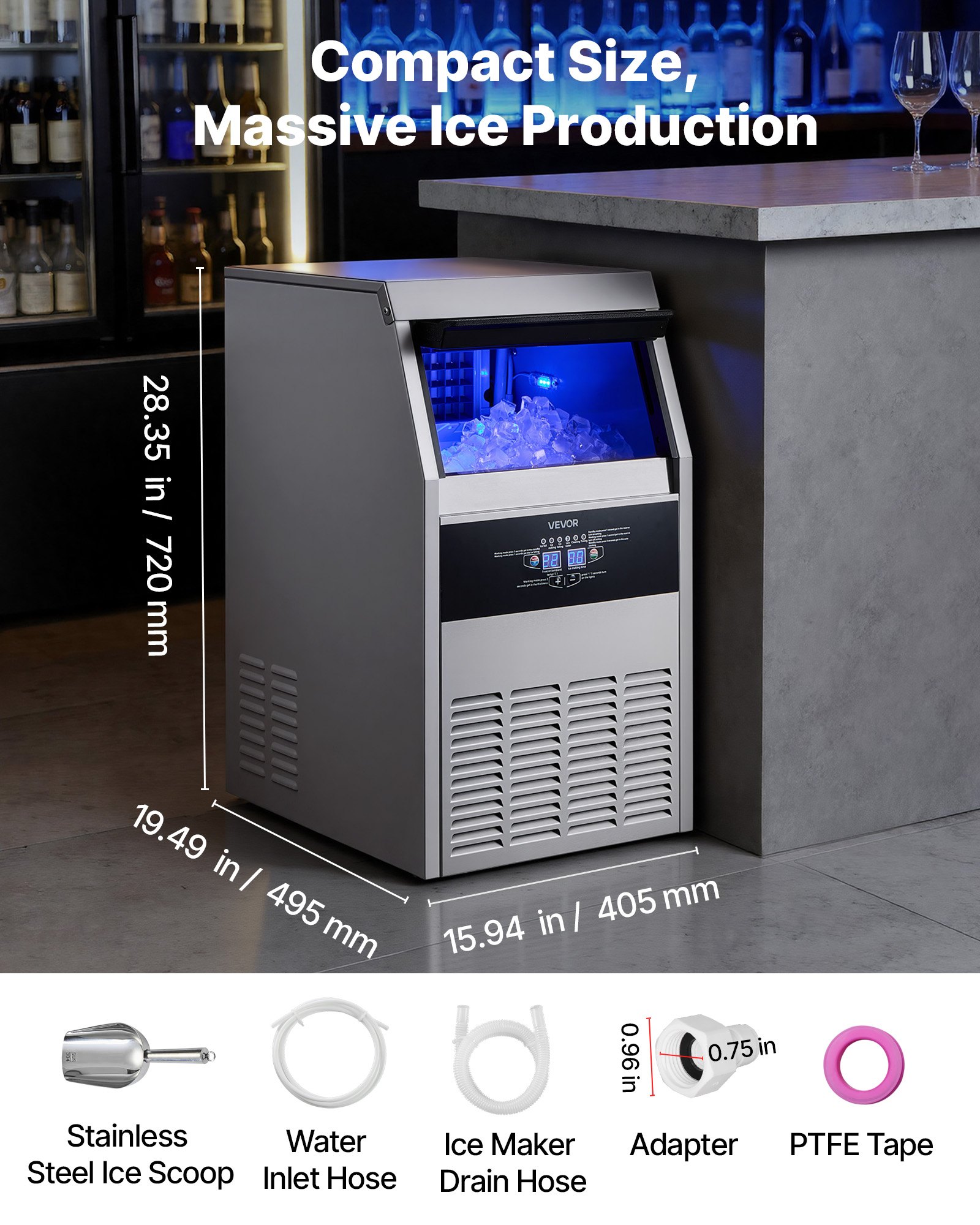 Commercial Ice Maker Machine, 160 Lbs/24h With 30 Lbs Storage Capacity, Built-in/Freestanding/Under Counter, Stainless Steel Ice Maker With LED Display & Self-Cleaning, For Home Bar Restaurant