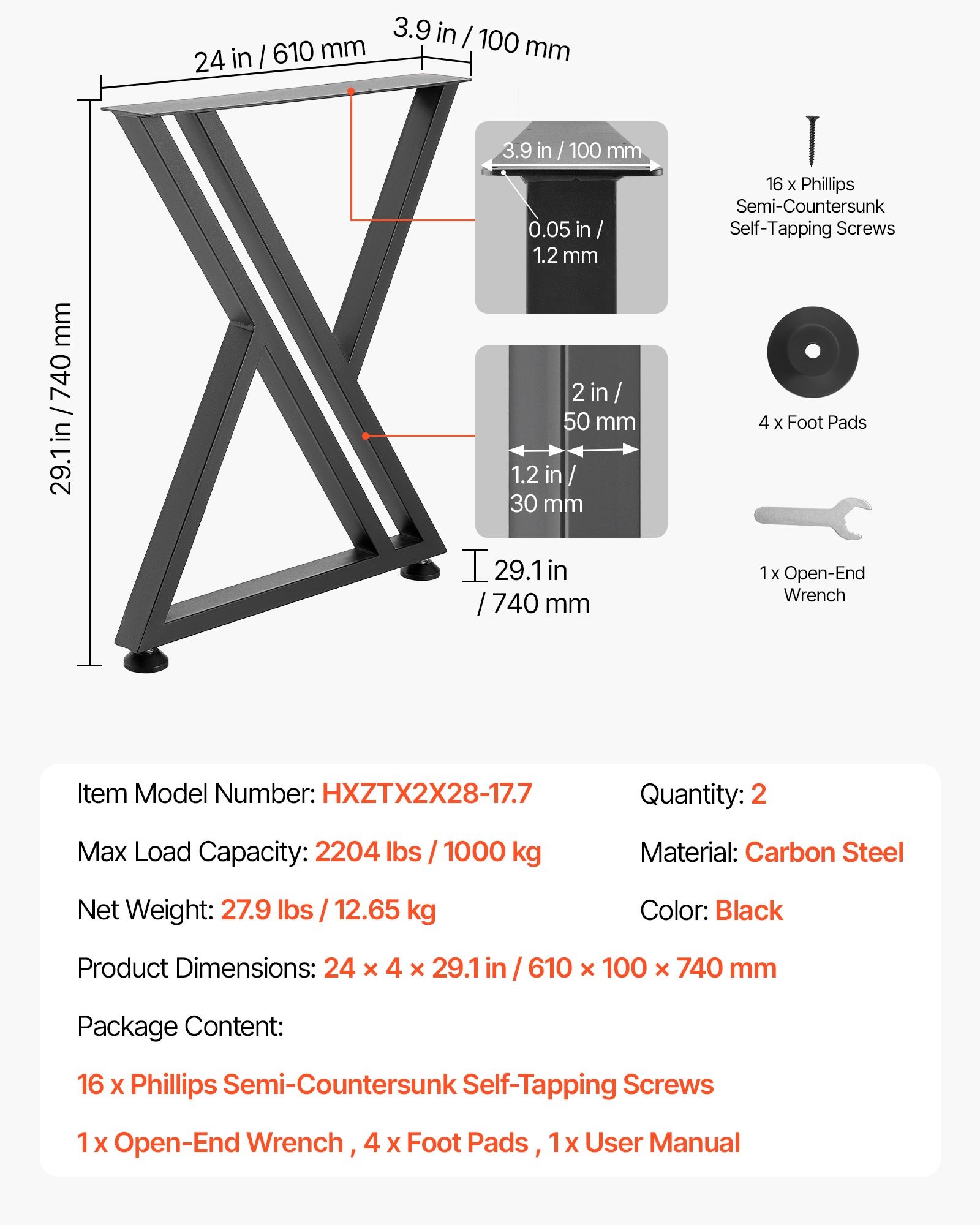 Table Legs, 29.1" H X 24" W Steel Furniture Legs, 2204 Lbs Max Load Heavy Duty, Easy Installation, Sturdy & Stable For Home Office Desk DIY, Coffee Dinner Bar Tables, Workbench,Set Of 2, Black