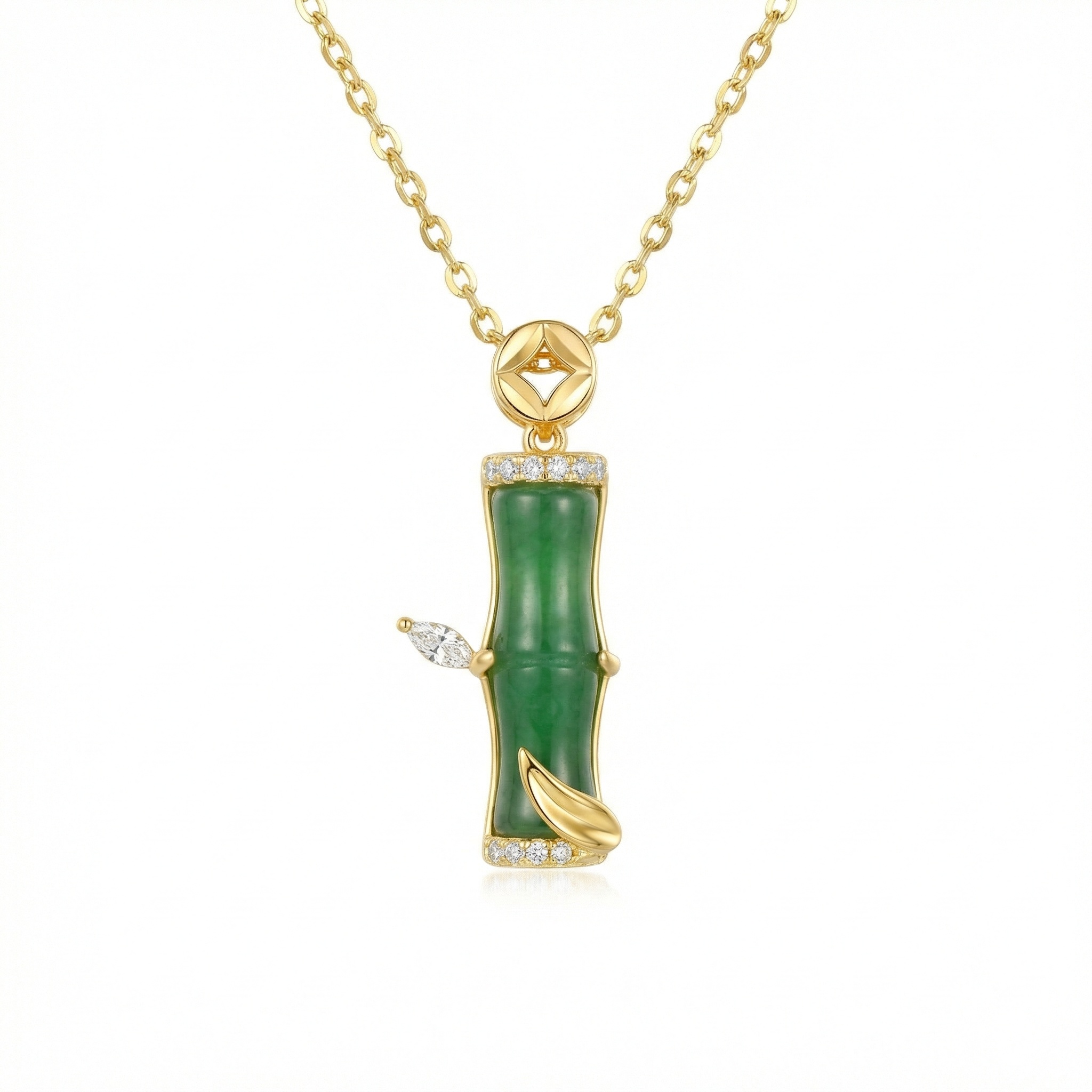 925 Sterling Silver Elegant Jade Bamboo Pendant Necklace with Sparkling Diamond Accents and Delicate Leaf Detail 2