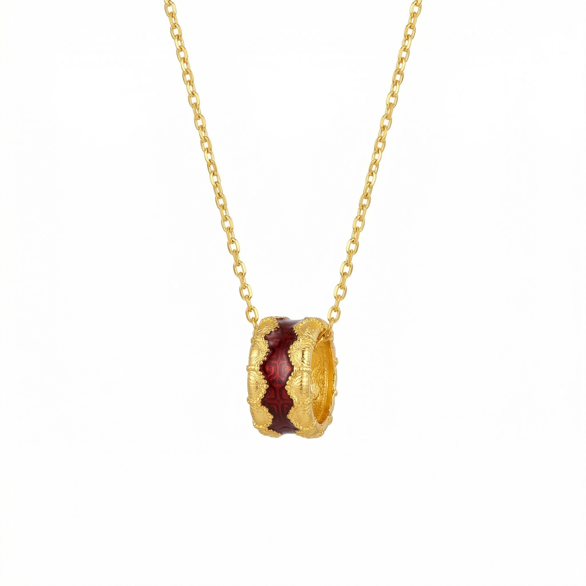 925 Sterling Silver Ornate Crimson Enamel Barrel Pendant Necklace with Intricate Gilded Filigree Accents