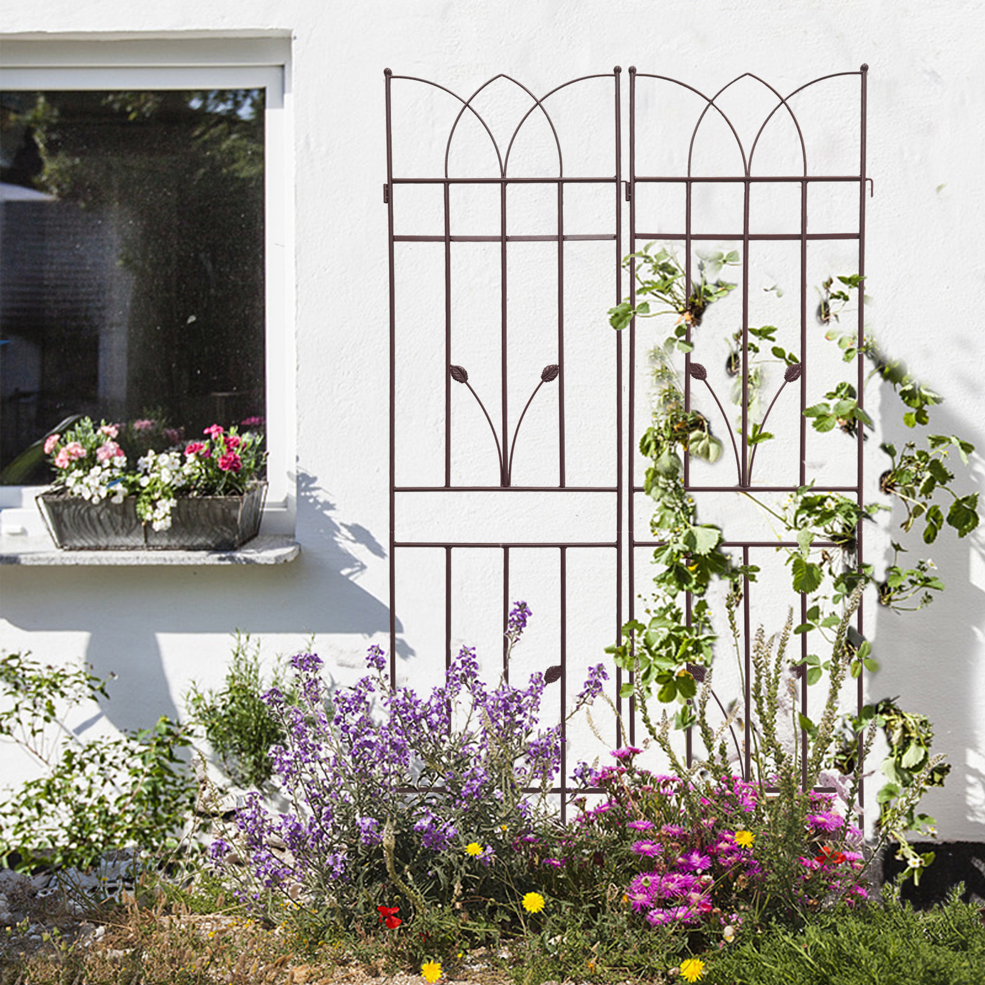 Metal Garden Trellis Set For Climbing Plants Rustproof Brown_voghion.com