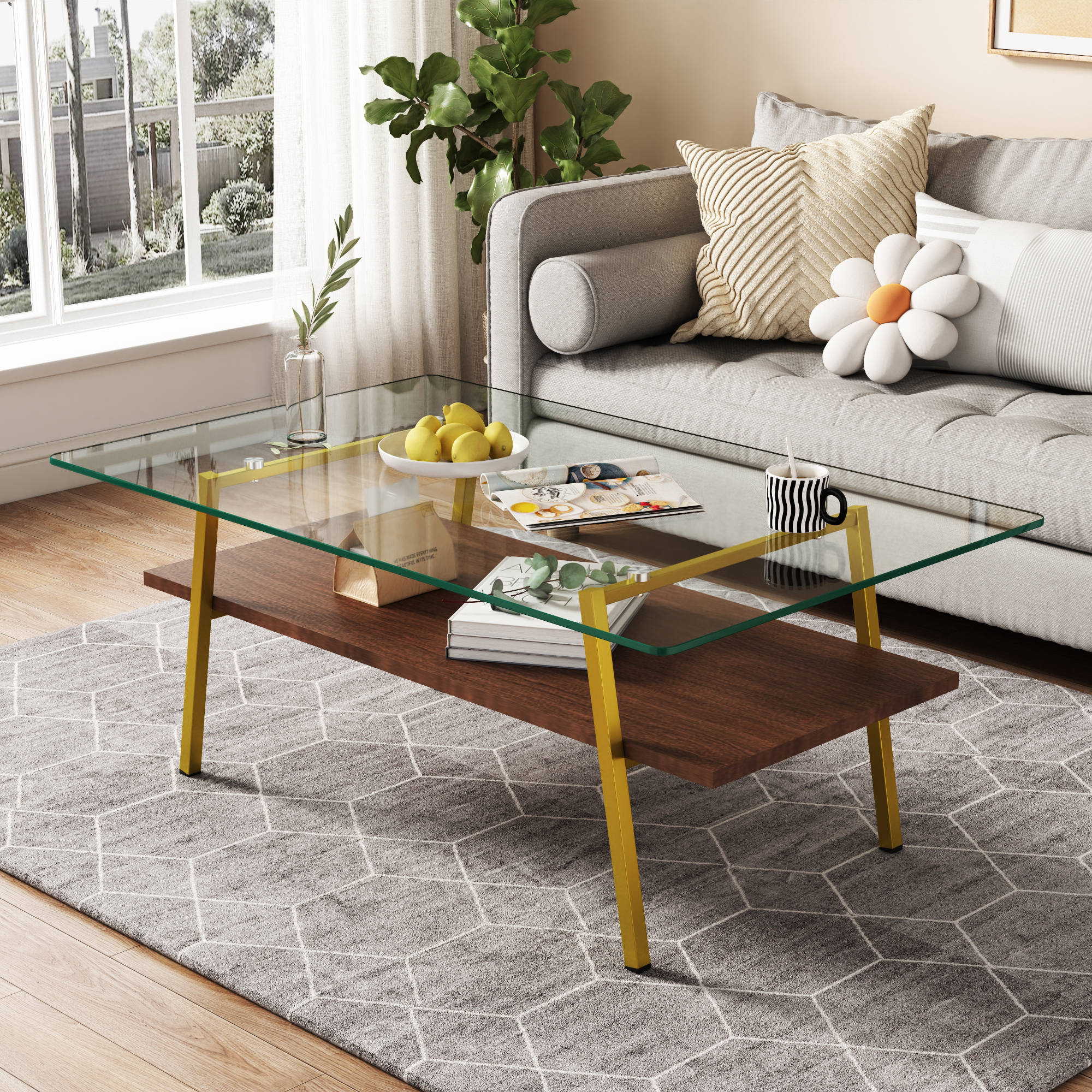 Rectangle Coffee Table, Tempered Glass Tabletop With Gold Metal Legs, Modern Table For Living Room , Transparent Glass