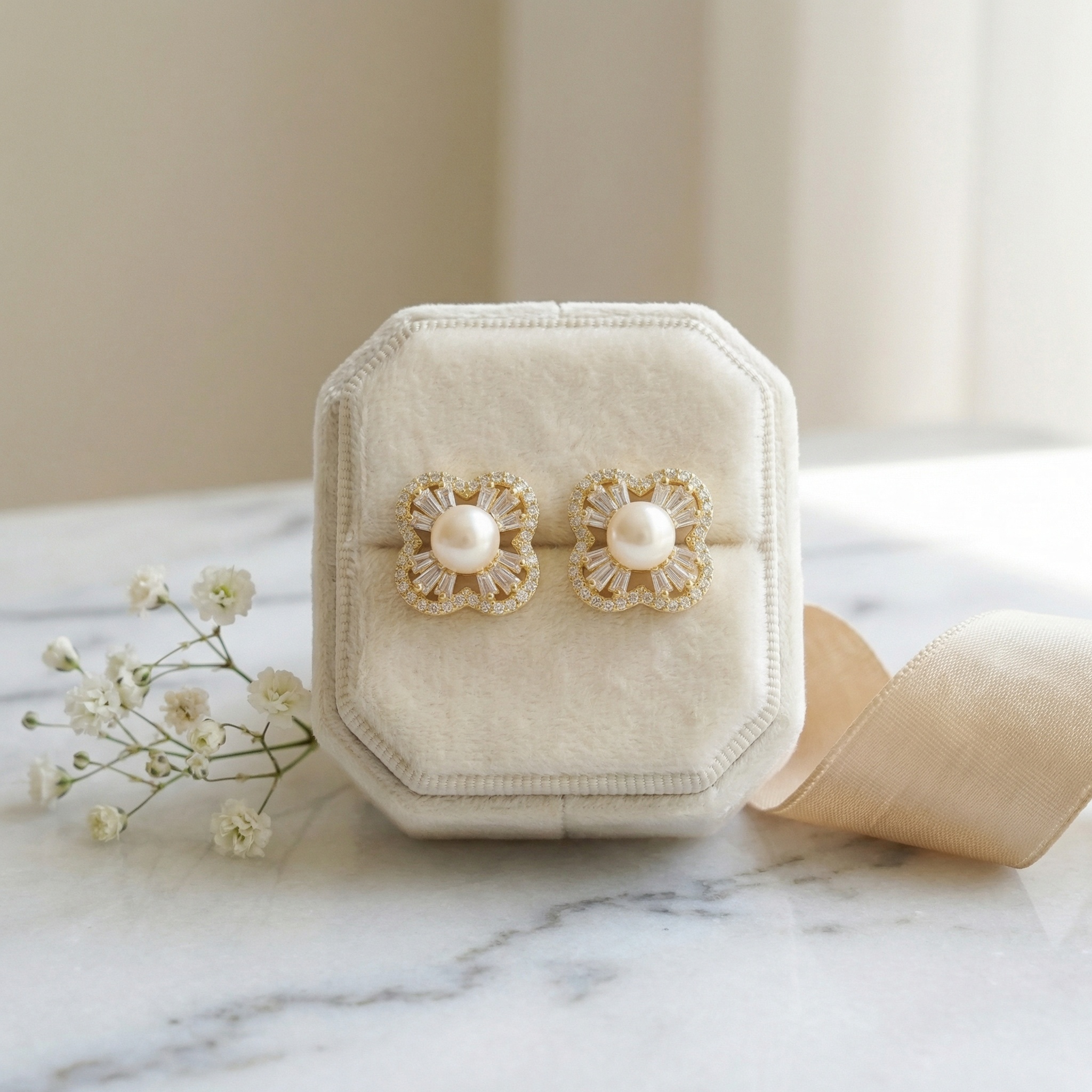 Sterling Silver Pearl Quatrefoil Stud Earrings, picture 3 of 3