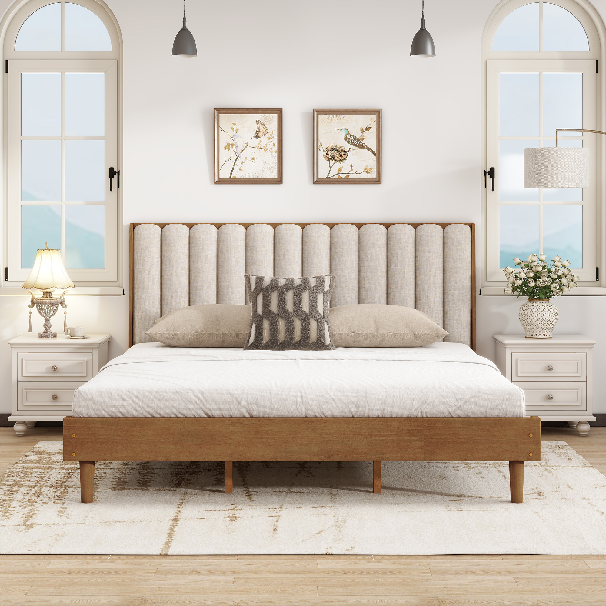 King Size Wood Bed with Piano Key Style Upholstered Headboard — photo 3