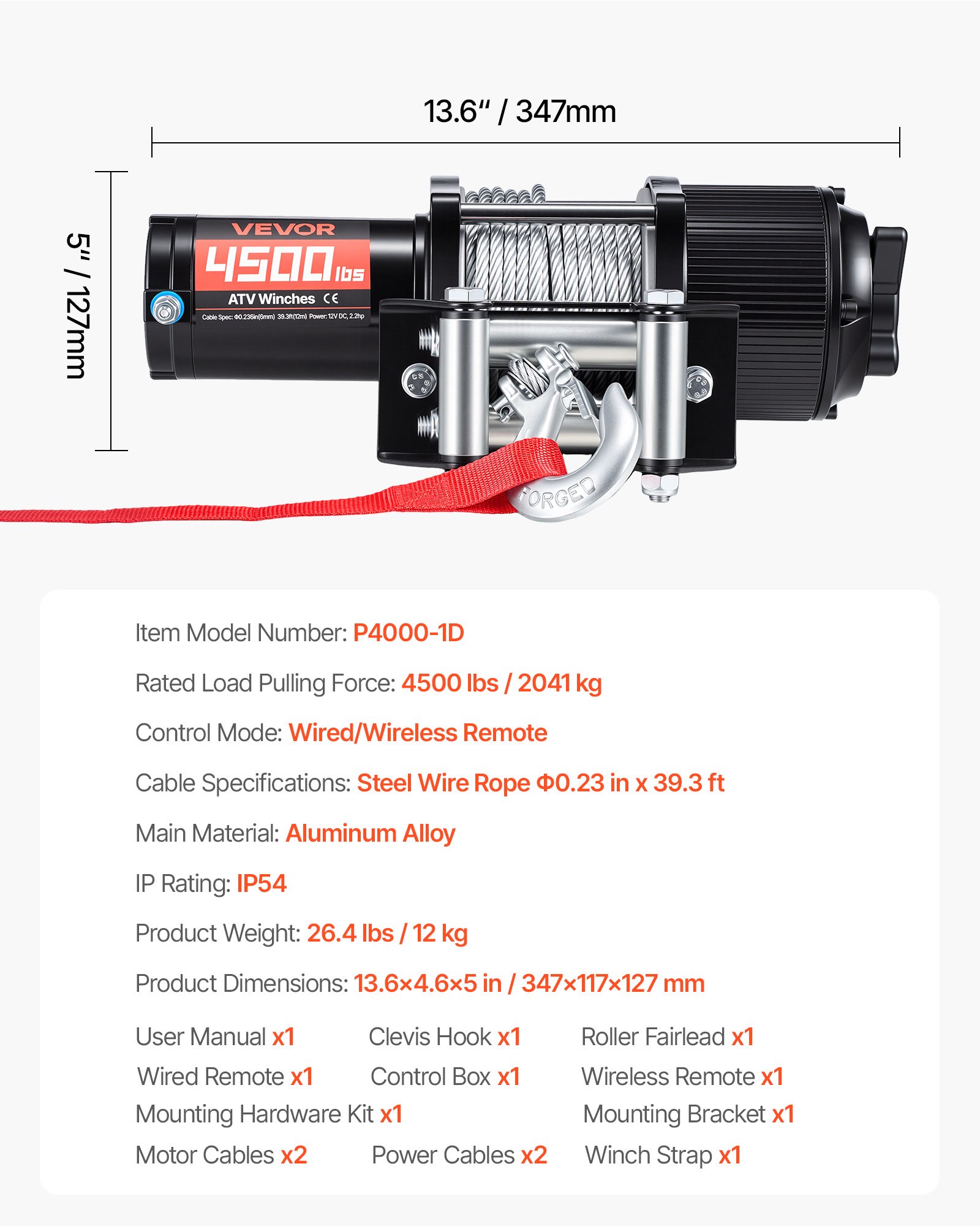 4500 Lbs Electric Winch, 12V DC ATV/UTV Winch With Φ0.24 In X 39.4 Ft Steel Wire Rope, Wireless & Wired Remote Control, IP54 Waterproof, Roller Fairlead Mount Plate For Towing ATV UTV Off-Road - Image 1