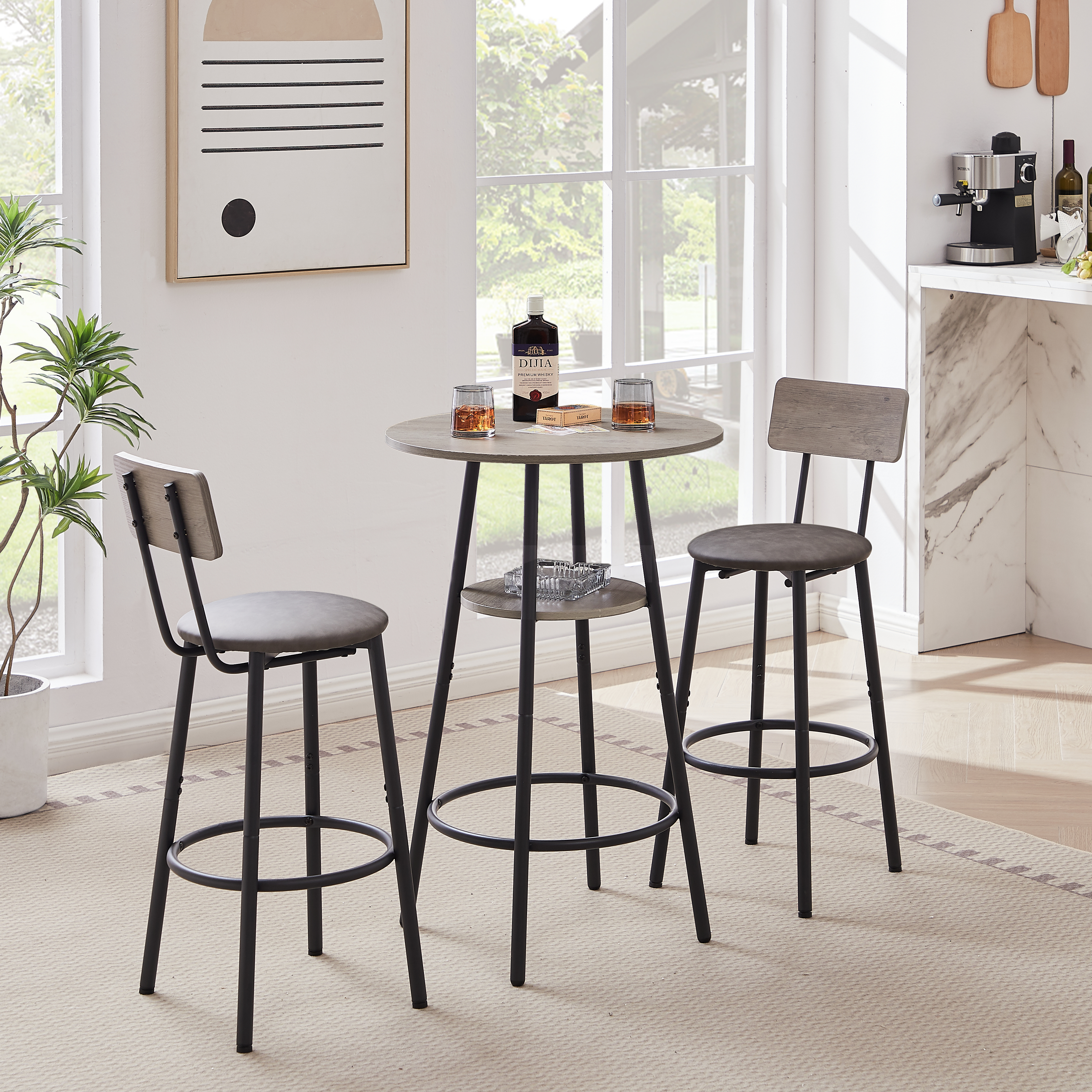 Round Bar Stool Set With Shelf, Upholstered Stool With Backrest Grey, 23.62 W X 23.62 D X 35.43 H. - Image 1