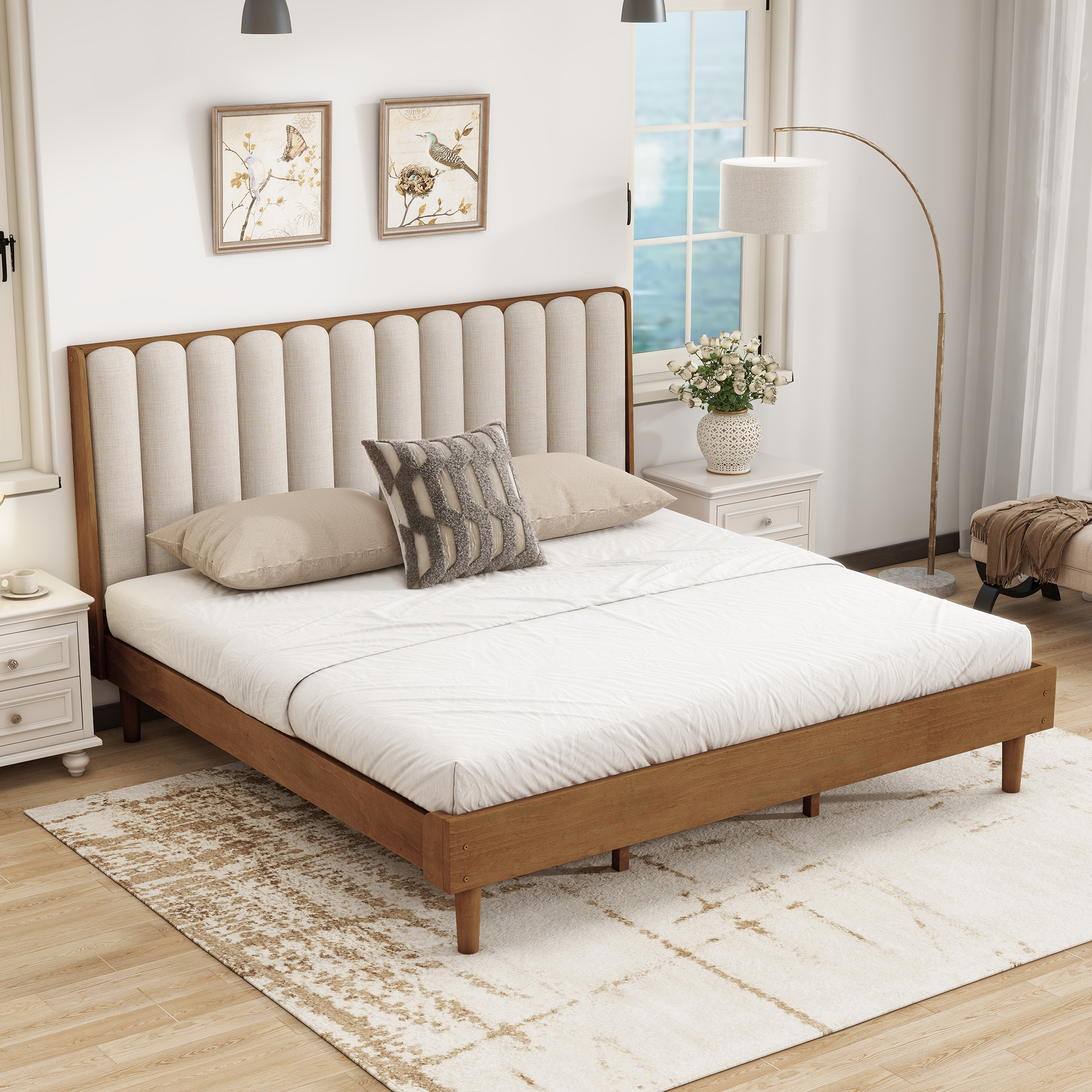 King Size Wood Bed with Piano Key Style Upholstered Headboard