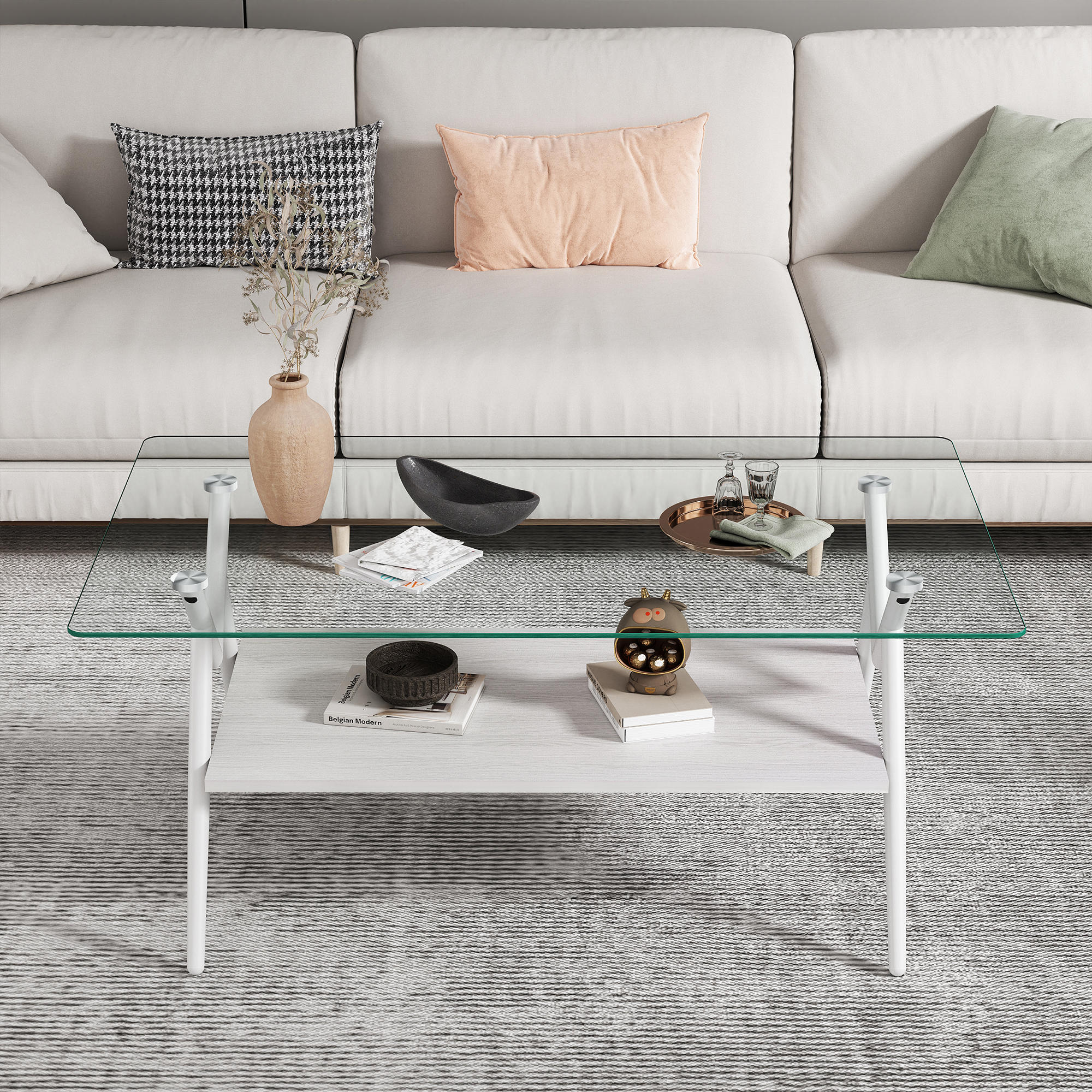 Coffee Table And End Tables Set Of 3, Tempered Glass Table With MDF Layer, Modern Tables For Living Room , Transparent Glass_voghion.com