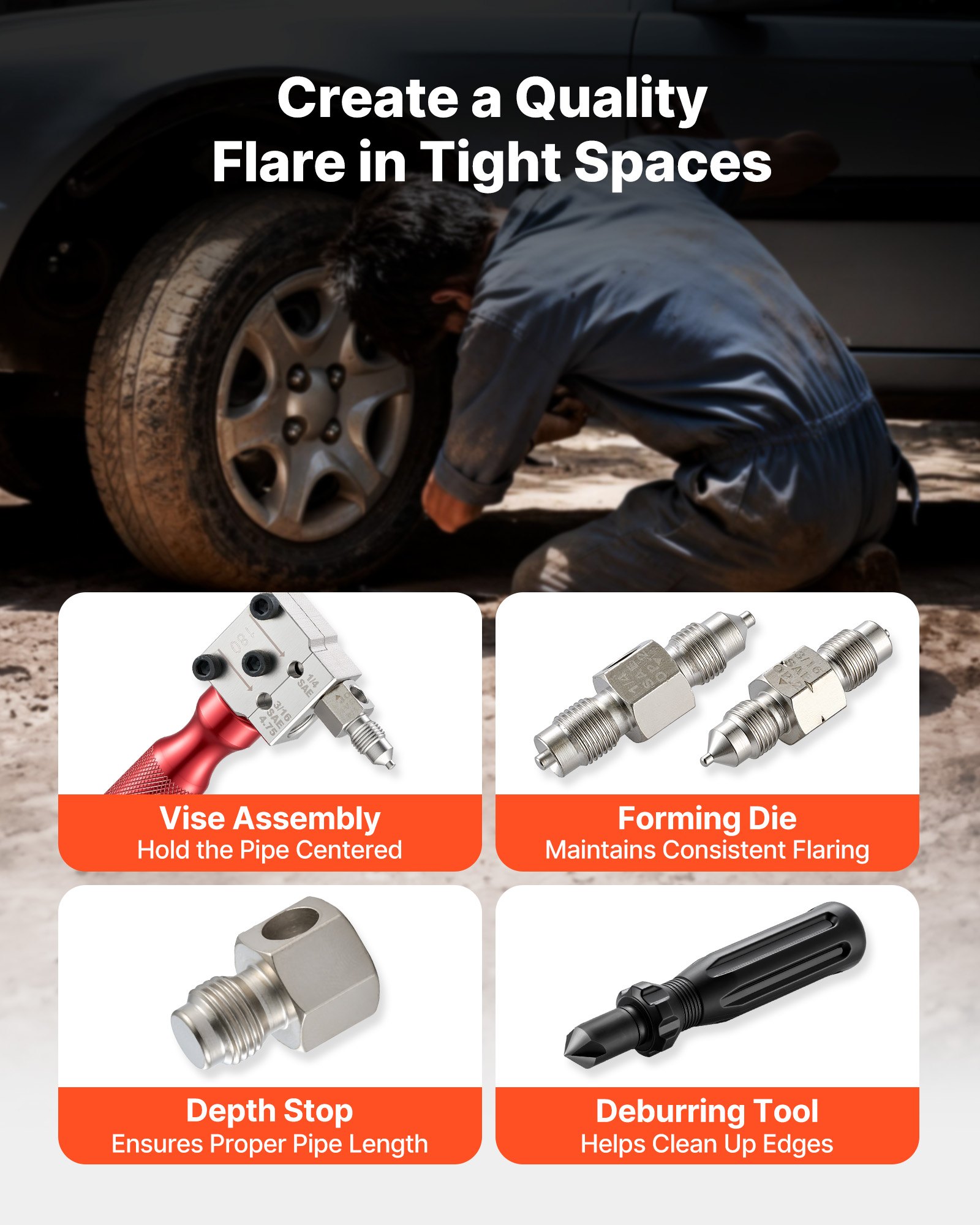 Brake Line Flaring Tool Kit, 45° Single & Double Flare Tool For 3/16", 1/4" Copper Tubing - With 2 Forming Dies, Deburring Tool & Toolbox For Automotive Brake Hydraulic Line Repair
