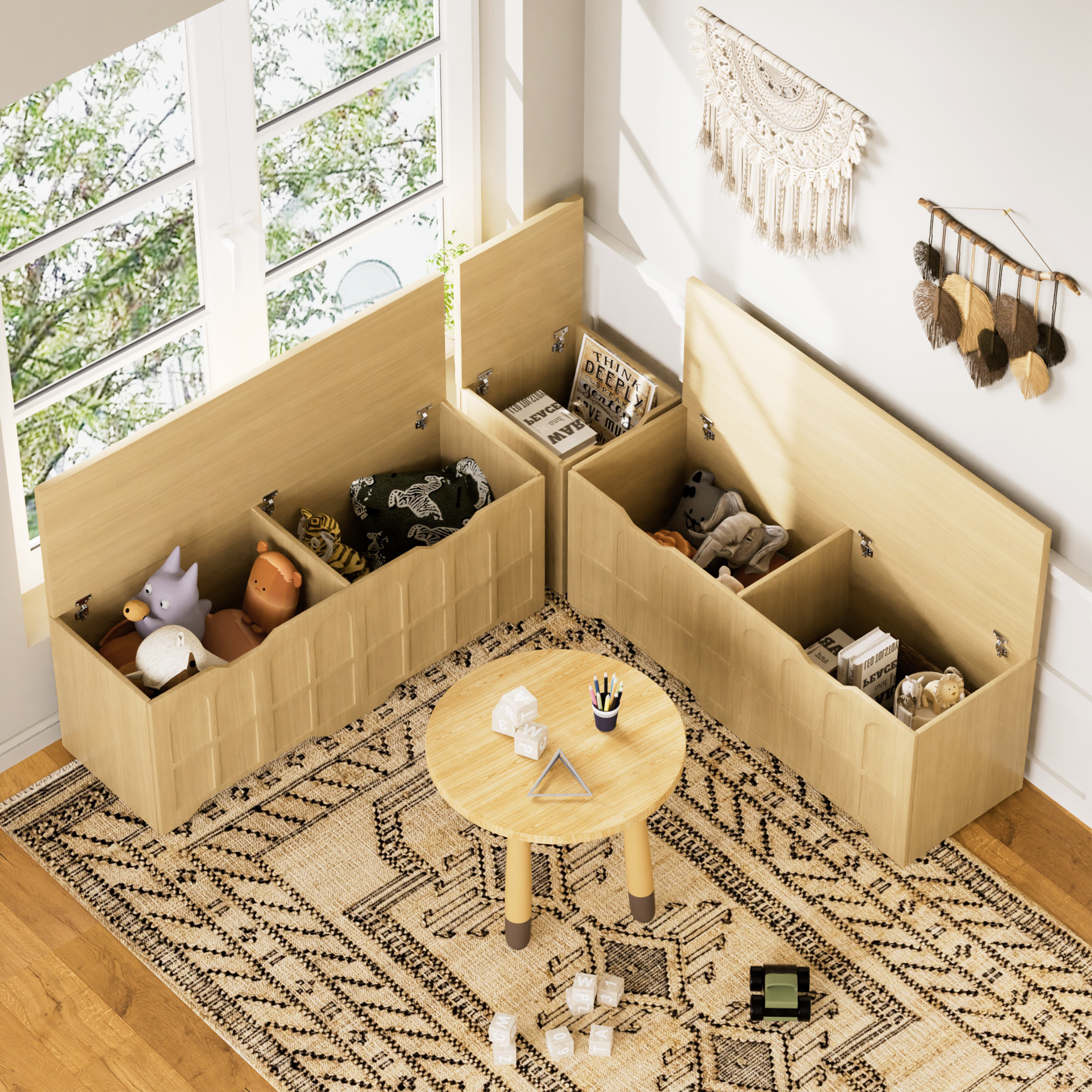3-Piece L-shaped Multifunctional Storage Bench With Padded Shoe Bench, Serves As A Kitchen Corner Stool, Toy Storage Box, Or Reading Nook Seat, Natural Color, 63 D X 63 W X 19.1 H