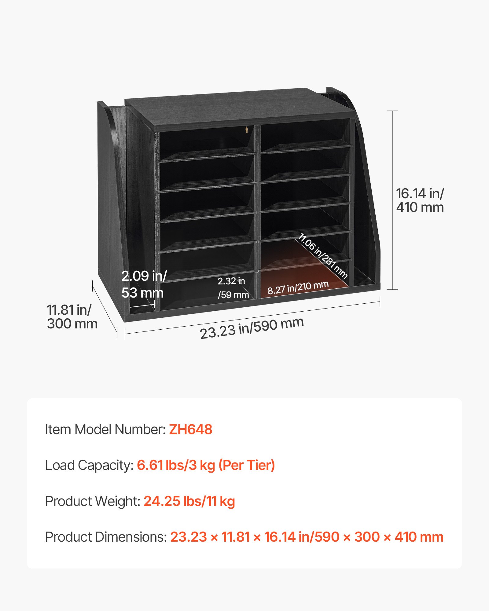 Literature Organizer, 12 Compartments Office Mailbox With Side Vertical Storage, Wooden Mailbox Sorter Made Of Particle Board, Countertop Office Home Organizer For File, Document, Paper, Black
