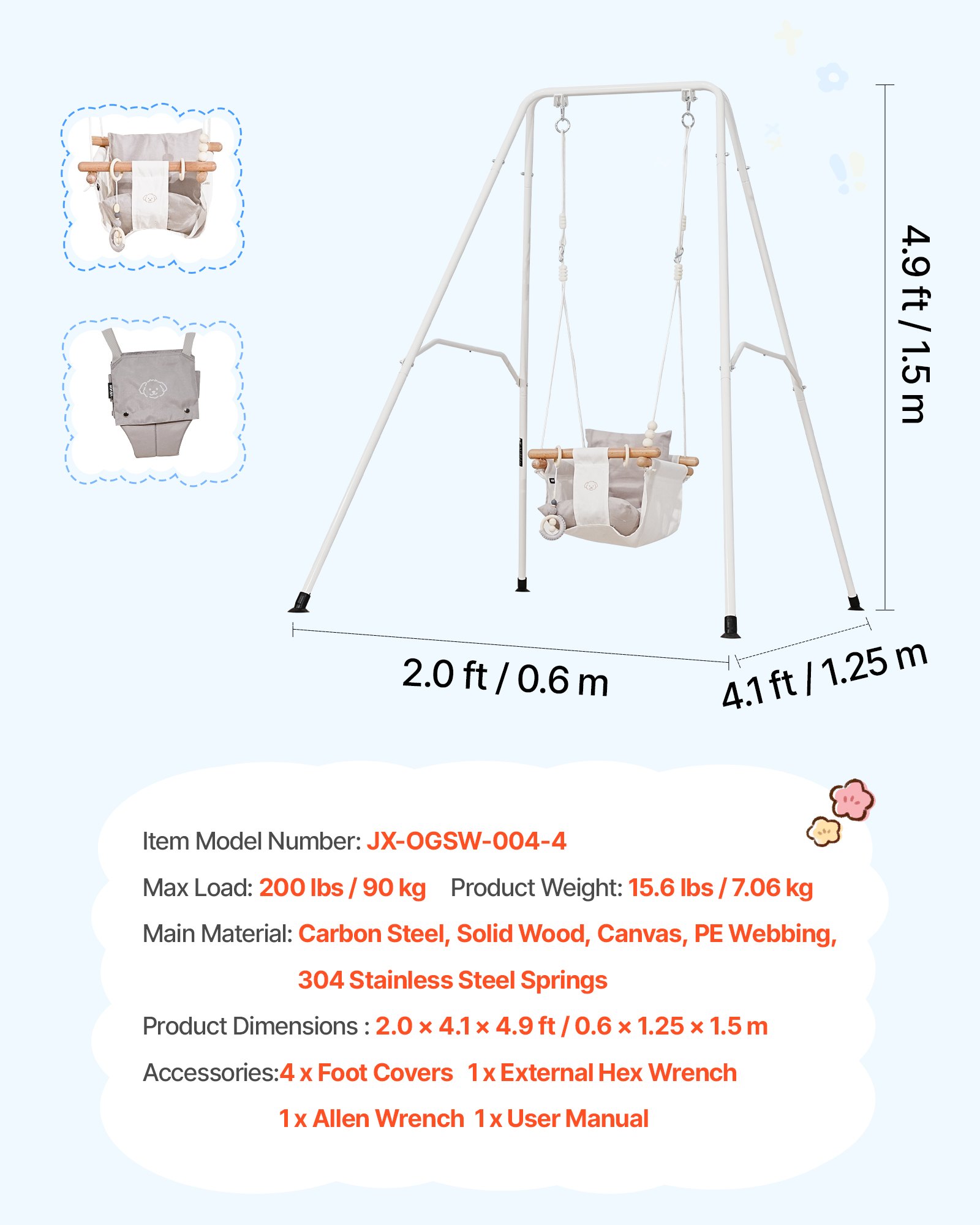 Toddler Swing And Jumper, 2 In 1 Swing Set And Bouncer, Soft Cushion With Foldable A-Frame Metal Stand, Heavy-Duty Thick Ropes, Easy To Install And Store, For Indoor Or Outdoor Play, Gray - Image 1