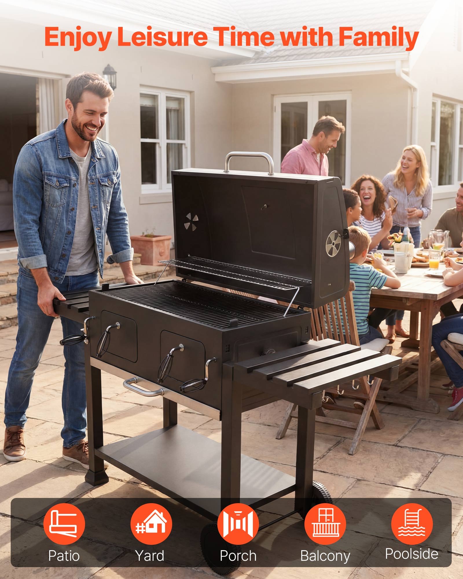 Charcoal Grill, 780 Sq.in. Extra-Large Charcoal Barbecue Grill With 2 Liftable Charcoal Trays & Folding Side Tables, High-Temp Powder-Coated Steel BBQ Cooking Grills For Patio Back.yard Parties