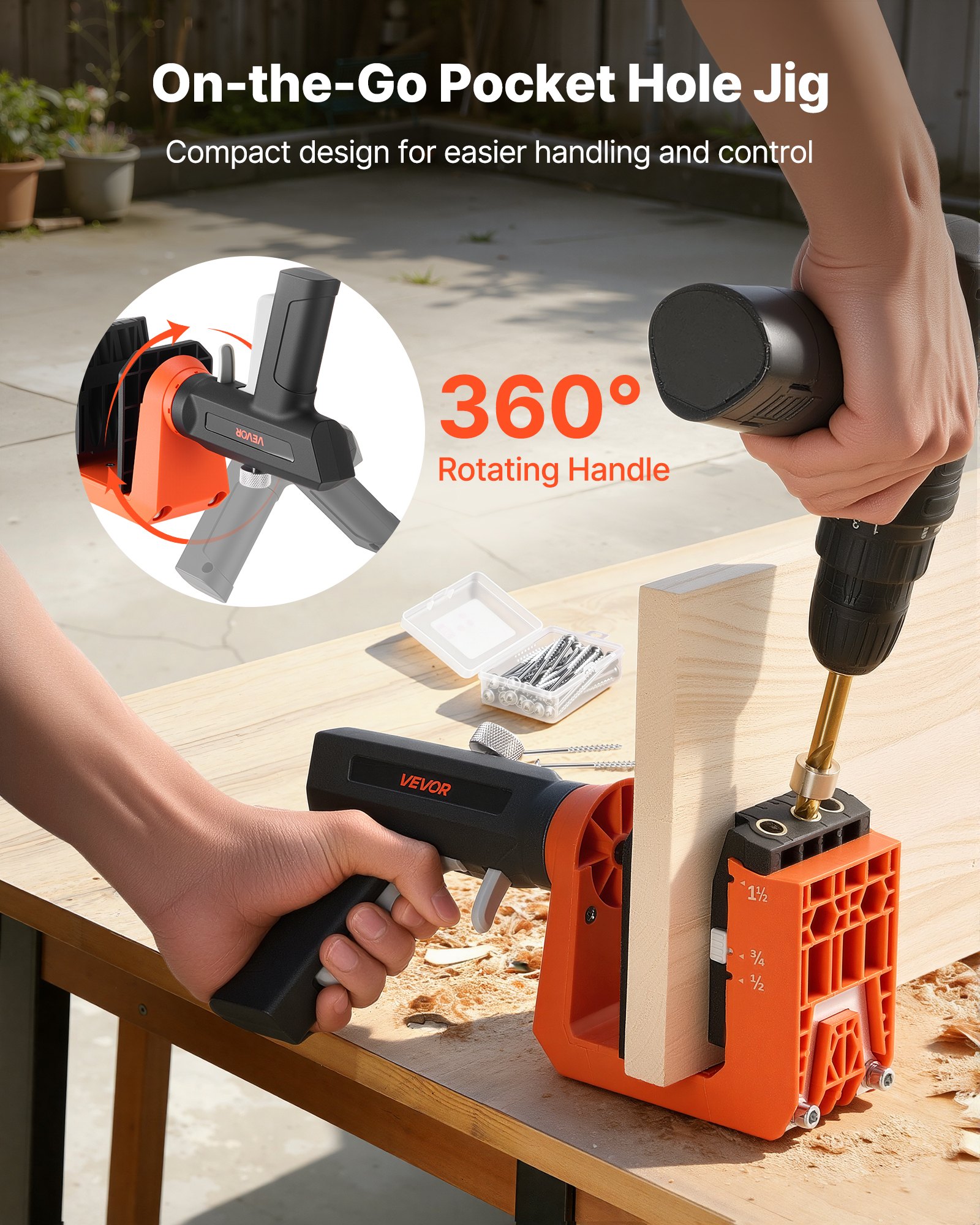 Pocket Hole Jig Kit, 1/2", 3/4", 1-1/2" Adjustable, 360° Rotating Handle, Jig Pocket Hole System With 260 Screws, C-Clamp, Stop Collar, Drill Bit, Easy Clamping And Adjusting, For Woodworking