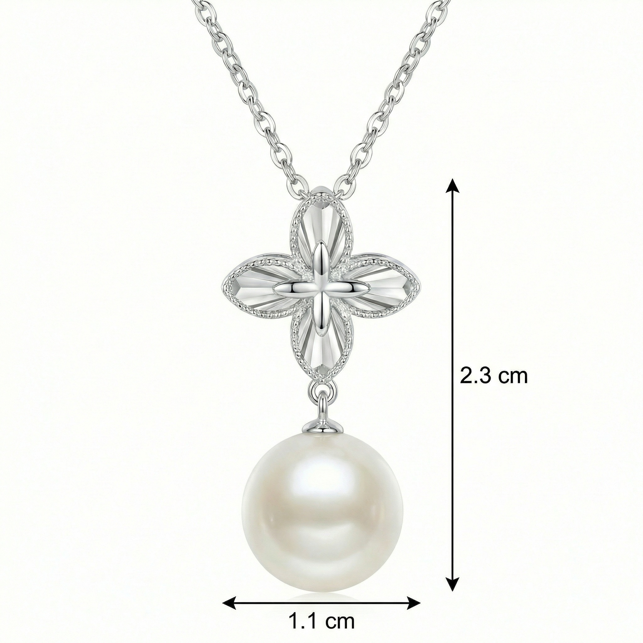 925 Sterling Silver Elegant Silver Four-Petal Flower Pendant Necklace with a Lustrous White Pearl 