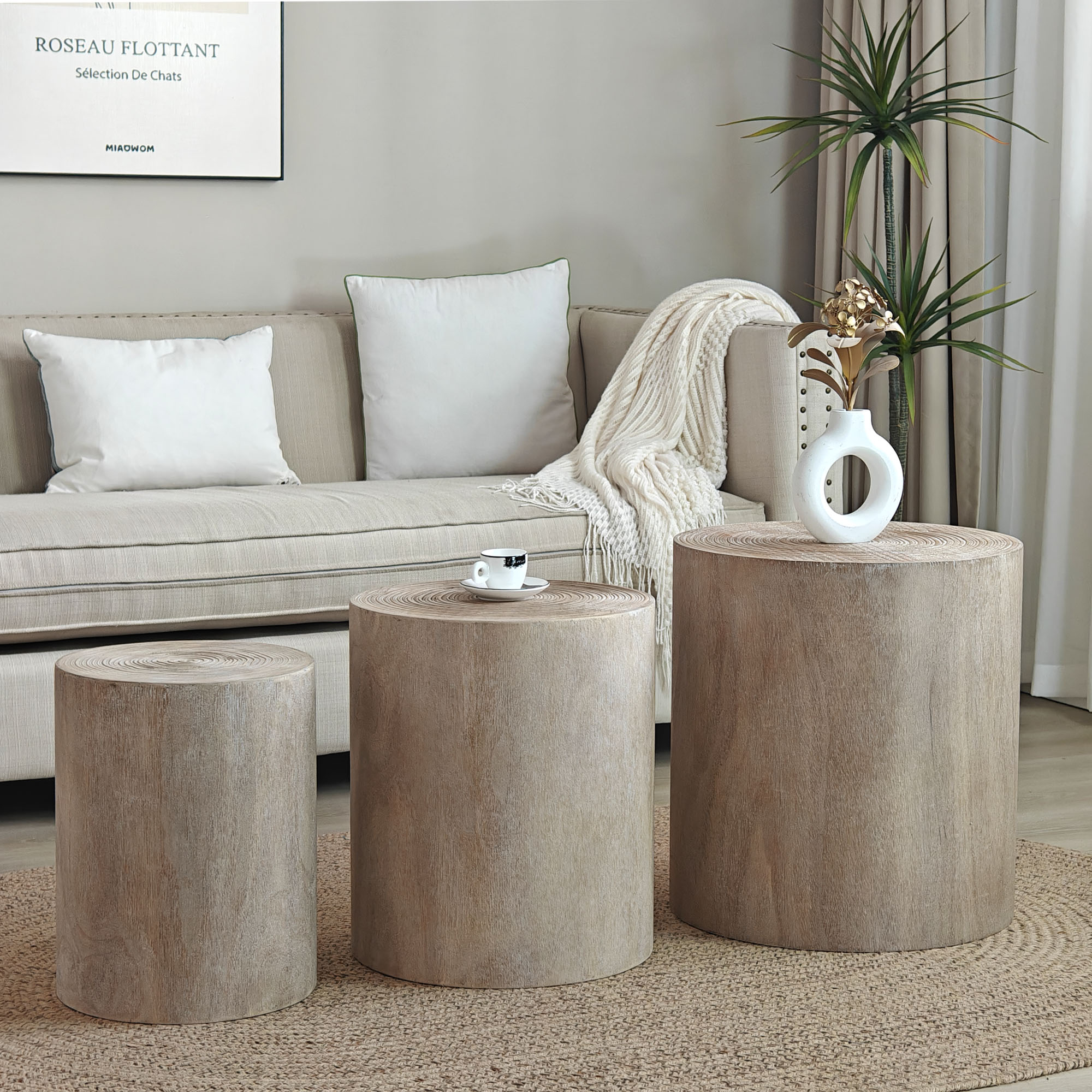 Set Of 3, Rounded Wood Coffee Tables, End Tables, Plant Stands,Decorative Accent Pieces - Rustic Wood Finish