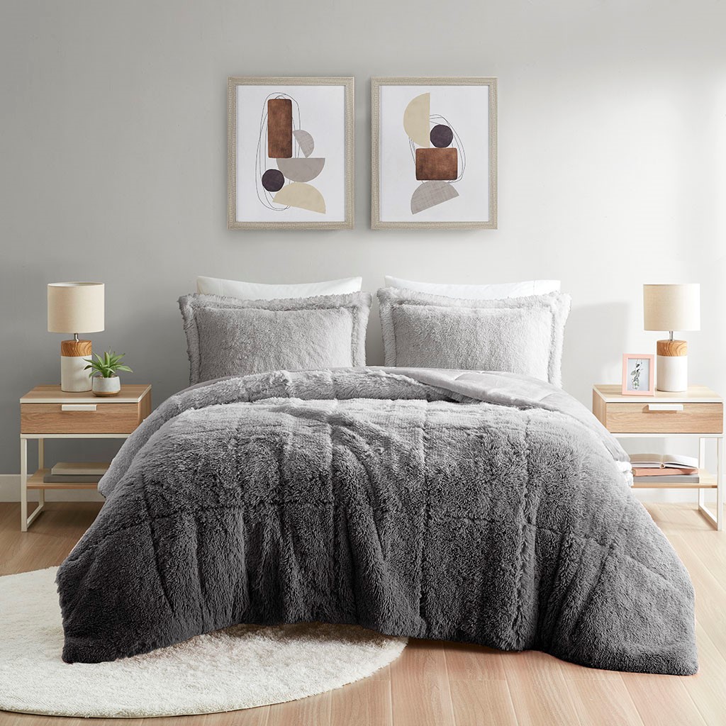 Full Queen Ombre Shaggy Long Fur Comforter Mini Set image 5