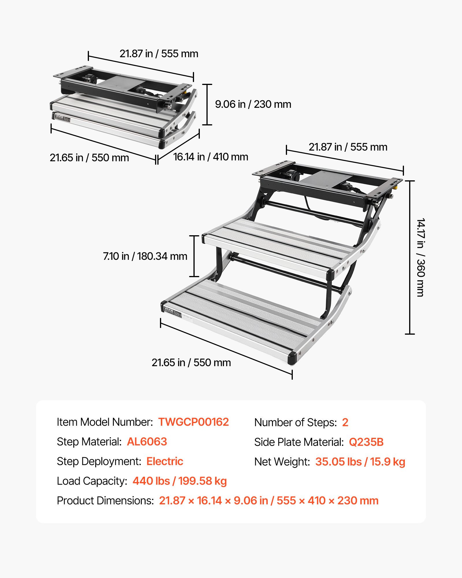 RV Steps, 2-Step, 440 Lbs Load Capacity, Electric Retractable RV Stairs, Telescopic Folding Aluminum Alloy Camper Steps, Steel Frame Non-Slip Entry Stair For Camper Van Motorhome Travel Trailer