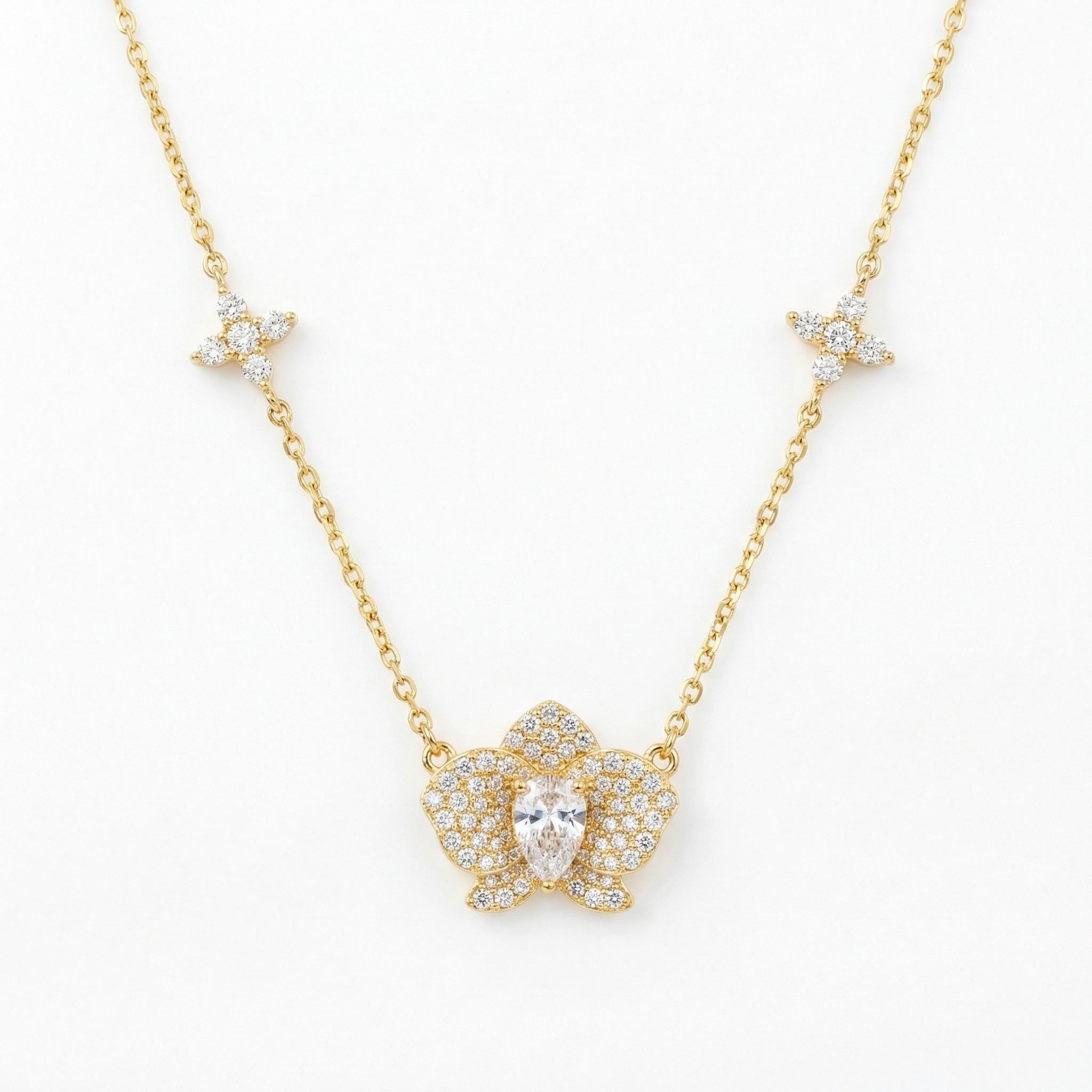 925 Sterling Silver Elegant Pavé Diamond Orchid Necklace Featuring a Pear-Shaped Centerpiece and Dainty Floral Accents 