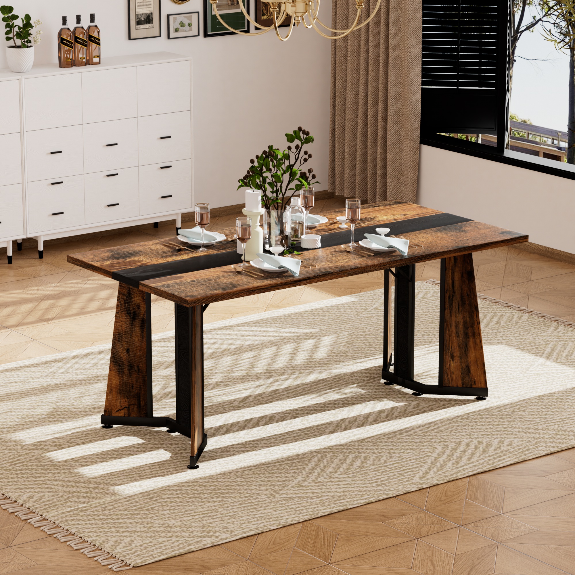 70.9 Rectangular Large Dining Table, Waterproof Large Desk For 8 People, Deluxe Family Dining Table With Adjustable Legs For Kitchen,Living Room,Office, Rustic Brown,70.9 W X 35.4 D X 30.3 H
