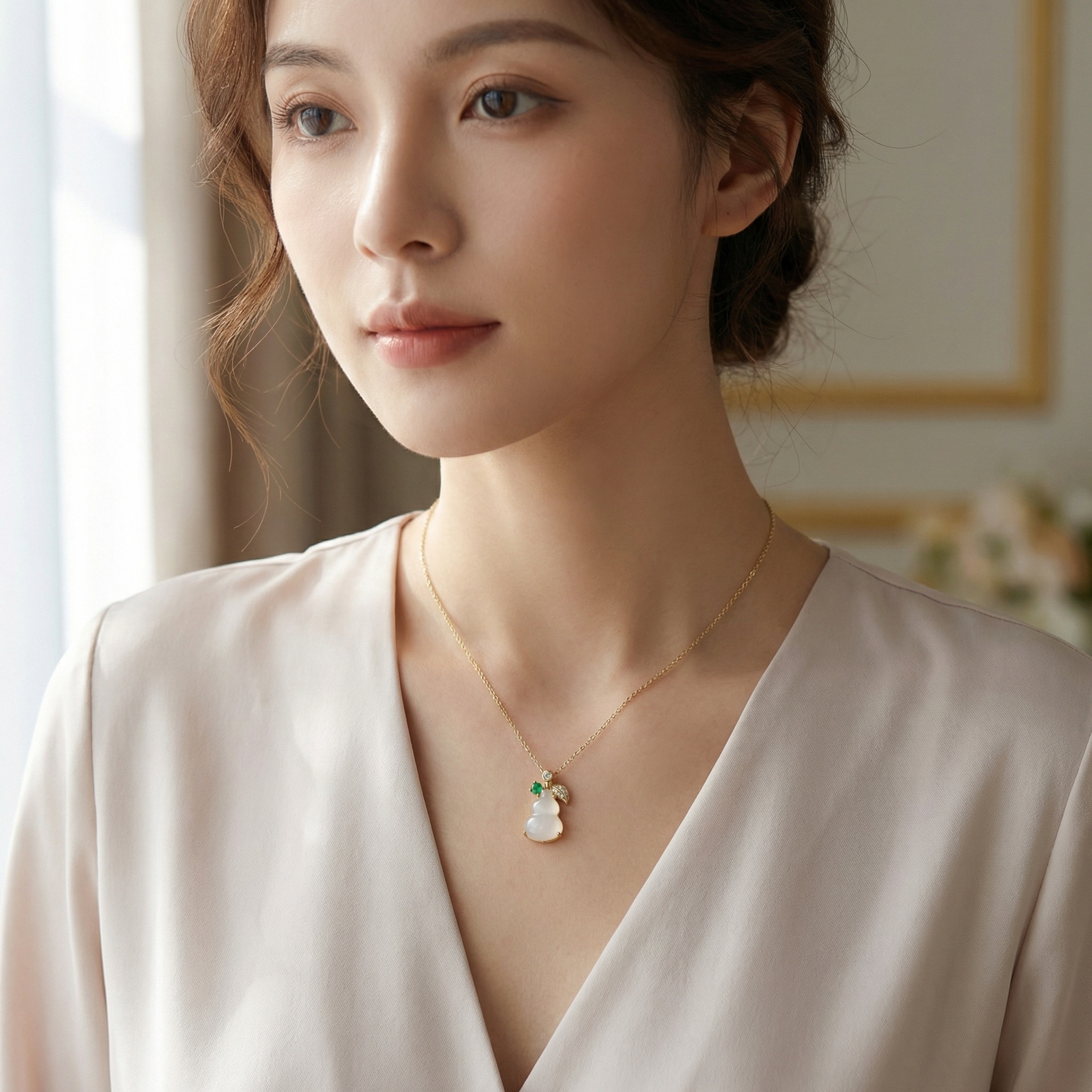 925 Sterling Silver Elegant White Jade Gourd Pendant Necklace with Emerald and Sparkling Diamond Leaf