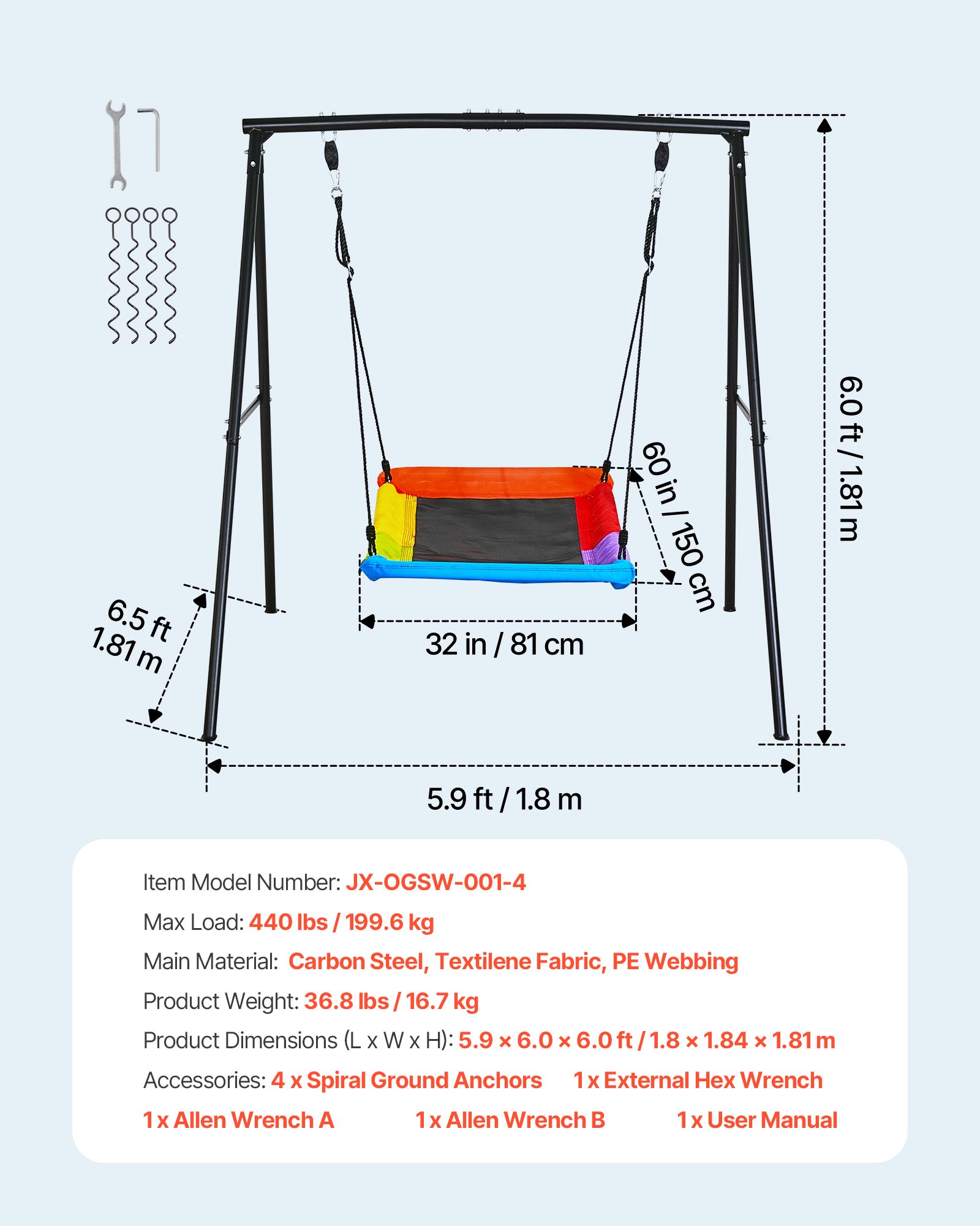 Swing Set For Backyard, 60 X 32 In Swing Seat With Heavy Duty A-Frame Metal Stand, 440 Lbs Load Capacity, Reinforced With Spiral Ground Anchors, Swingset Outdoor For Kids, Black And Colorful - Image 1