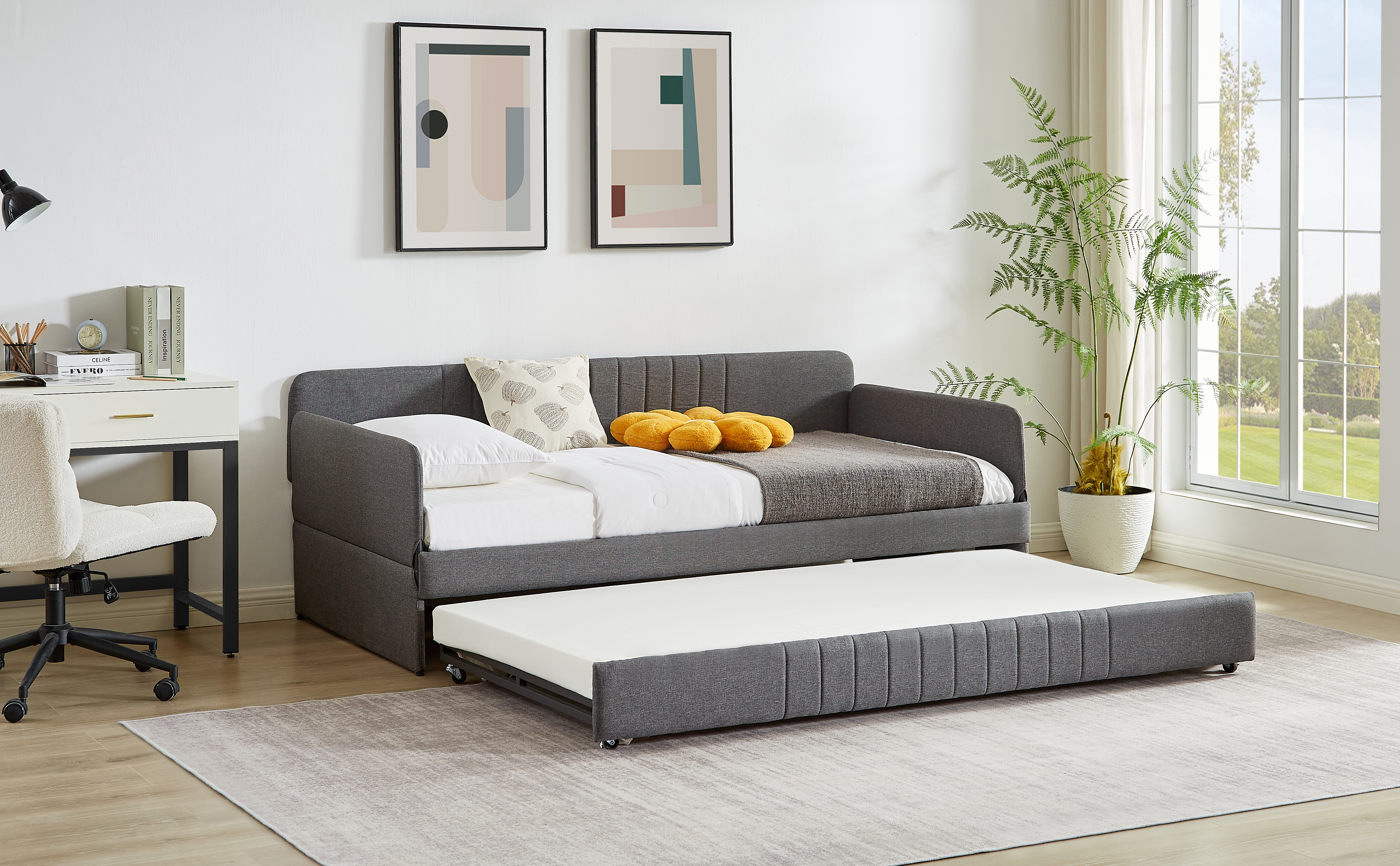 Daybed, Sofa Bed Metal Framed With Trundle Twin Size, Grey, 78.4 L X 41 W X 29.8 H.