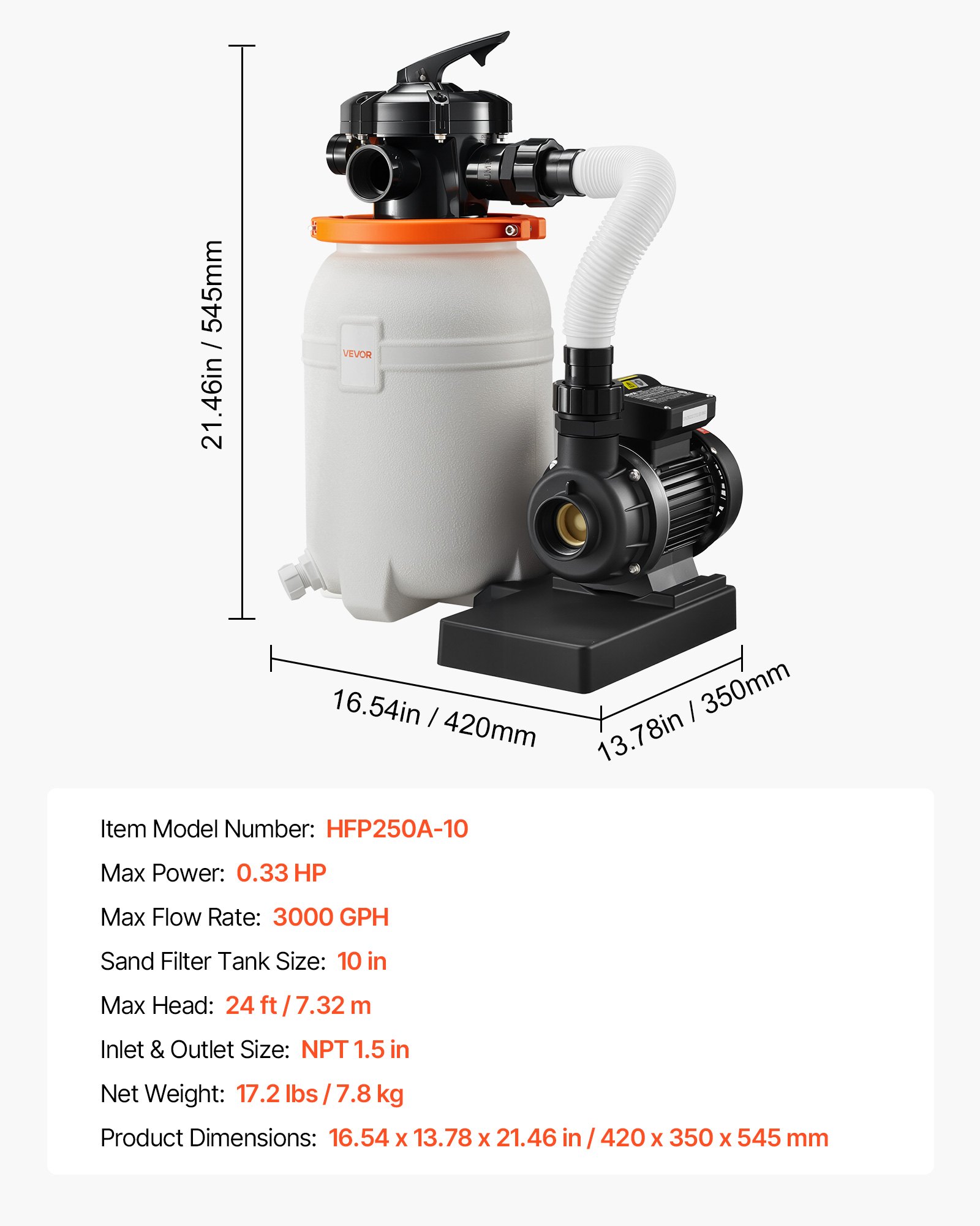 10 In Sand Filter Pump For Above Ground Pool, 0.33 HP 3000 GPH, Swimming Pool Sand Filter Pump With Pre-Assembled Core & Leak-Resistant Design, 6-Way Valve, High-Efficiency Filtration For Pools