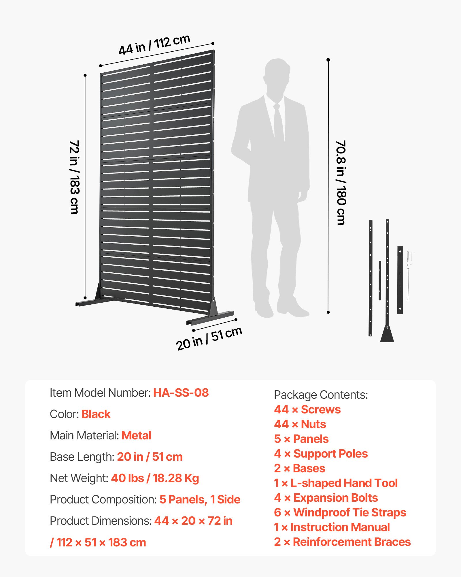 Metal Privacy Screen, 44" W X 72" H Freestanding Modern Privacy Fence, Garden Divider Panel With Extended Base & Reinforcement Fixed, Freestanding Outdoor Divider For Garden, Indoor, Courtyard - Image 1