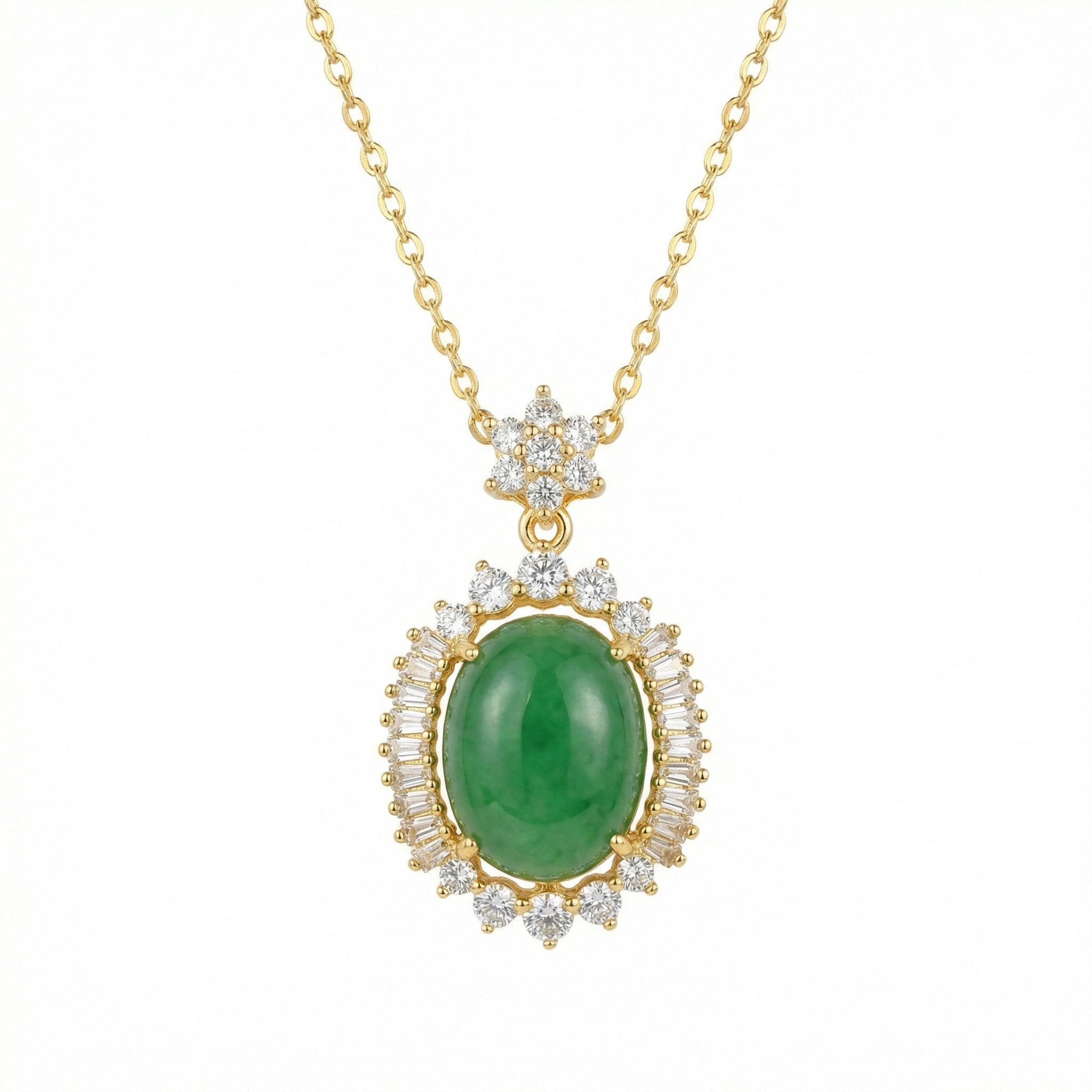 925 Sterling Silver Exquisite Oval Green Jadeite Pendant Necklace with Brilliant Round and Baguette White Gemstone Halo Accents