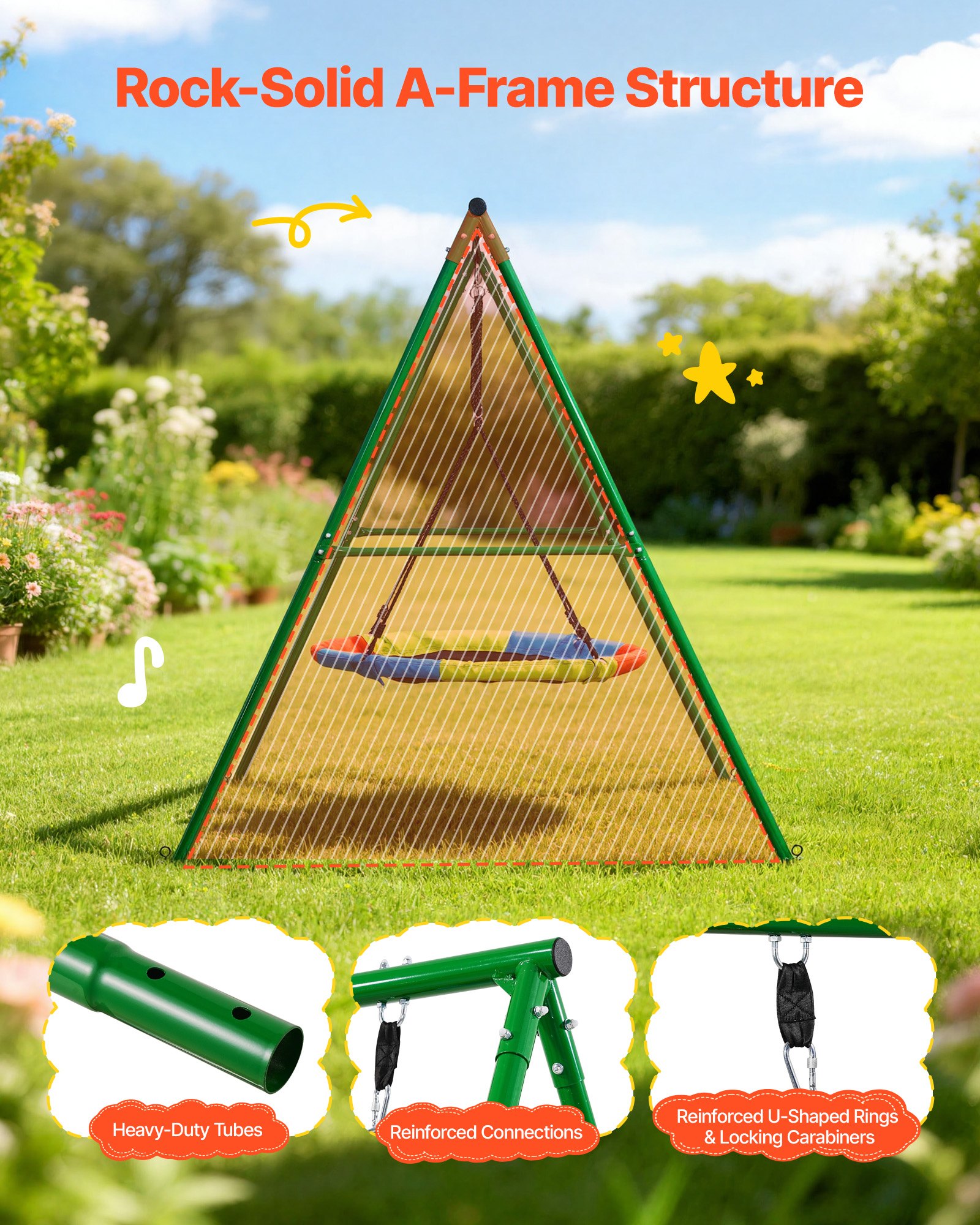 Swing Set For Backyard, 40 In Saucer Swing Seat With Heavy Duty A-Frame Metal Stand, 440 Lbs Load Capacity, Reinforced With Spiral Ground Anchors, Swingset Outdoor For Kids, Green And Colorful