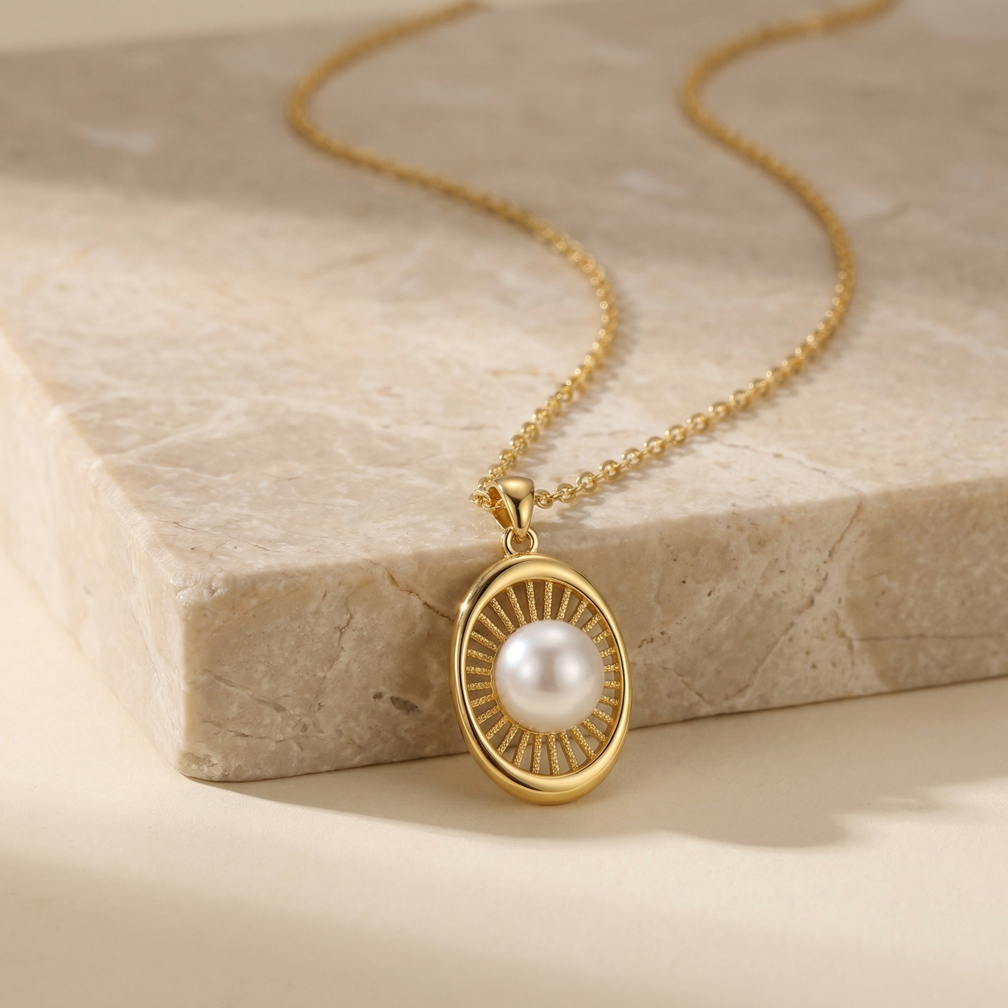 925 Sterling Silver Elegant Oval Sunburst Pendant Necklace Featuring a Luminous Central Pearl 